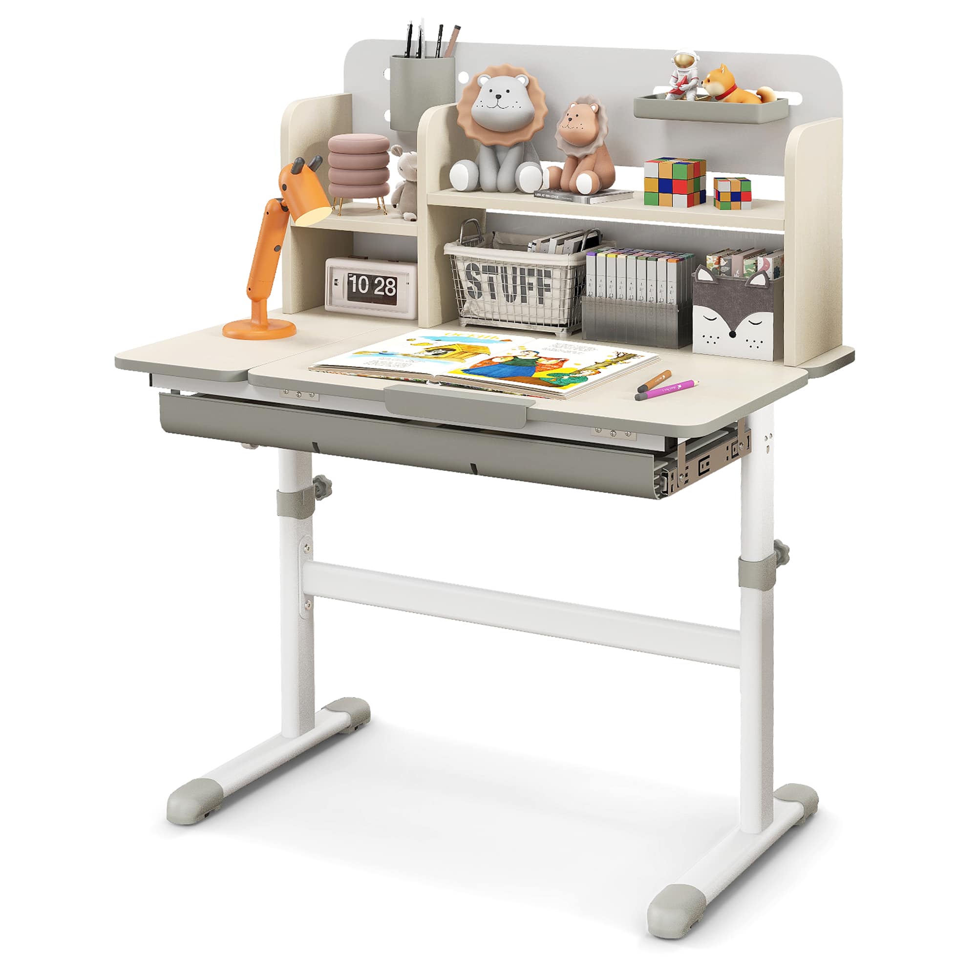 Gymax - Kids Multifunctional Study Table Study Desk w/ Tiltable Desktop Book Stand - Gray