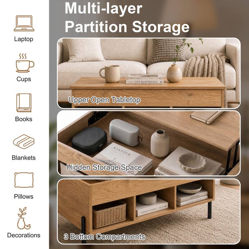 Multi-layer Partition Storage

- Laptop
- Cups
- Books
- Blankets
- Pillows
- Decorations

Upper Open Tabletop

Hidden Storage Space

3 Bottom Compartments