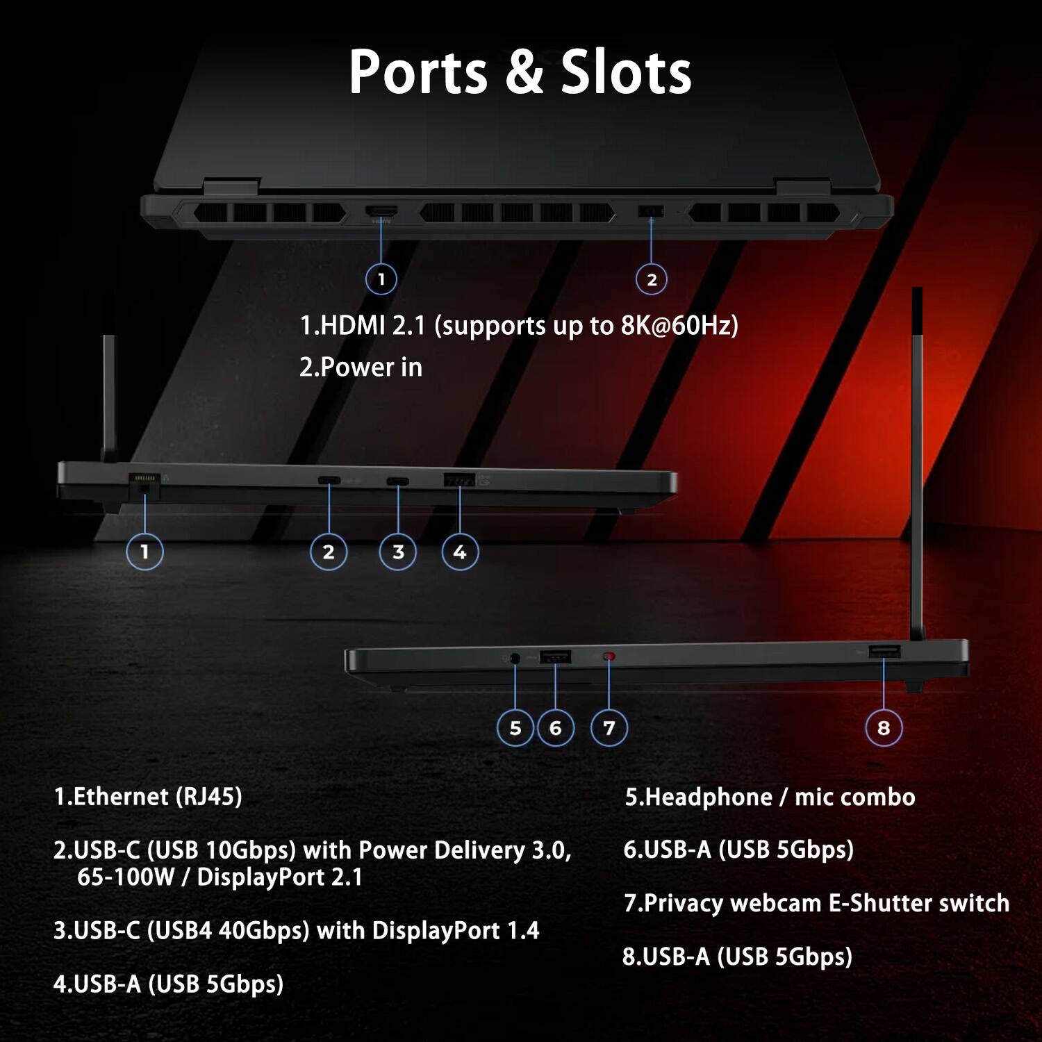 Ports & Slots

1. HDMI 2.1 (supports up to 8K@60Hz)
2. Power in

1. Ethernet (RJ45)
2. USB-C (USB 10Gbps) with Power Delivery 3.0, 65-100W / DisplayPort 2.1
3. USB-C (USB4 40Gbps) with DisplayPort 1.4
4. USB-A (USB 5Gbps)
5. Headphone / mic combo
6. USB-A (USB 5Gbps)
7. Privacy webcam E-Shutter switch
8. USB-A (USB 5Gbps)