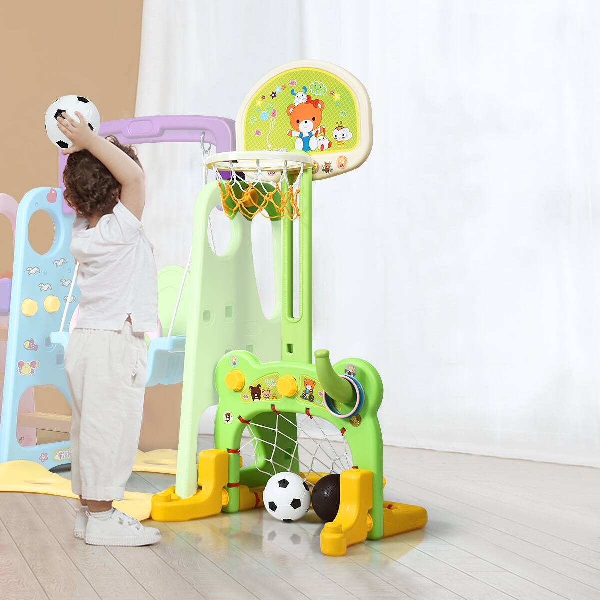 Alt View 3. Costway - Costway 6 In 1 Toddler Climber and Swing Set w/ Basketball Hoop & Football Gate Backyard - Multicolor.