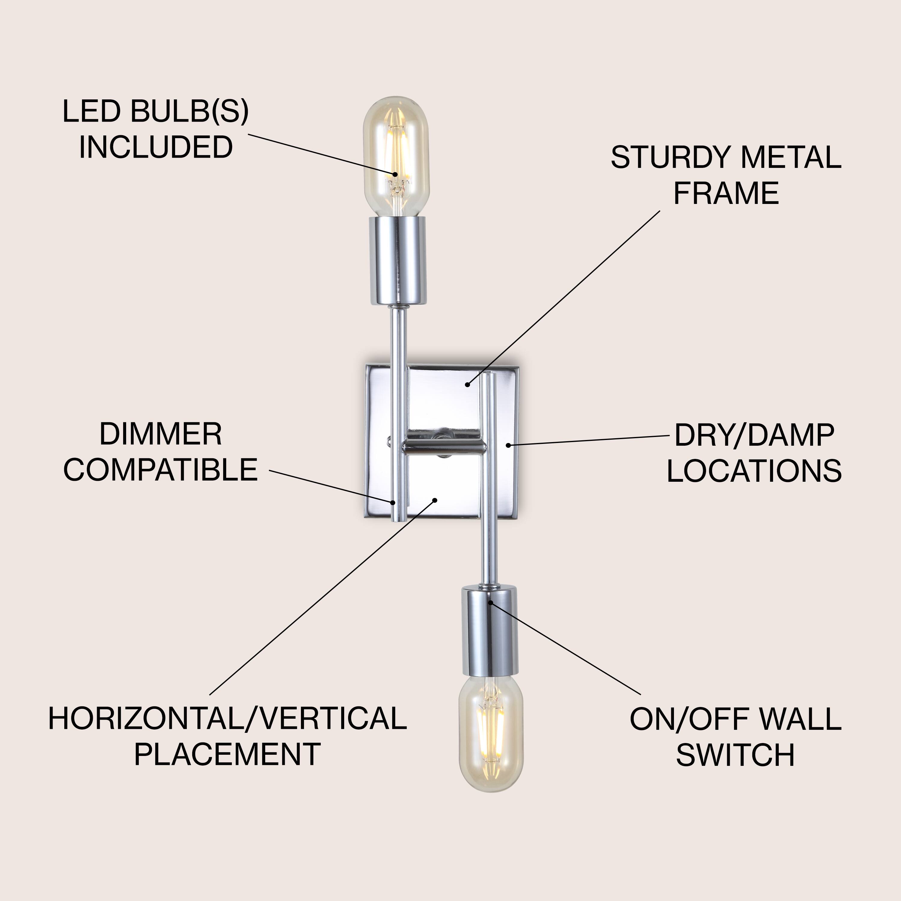LED BULB(S) INCLUDED  
STURDY METAL FRAME  
DIMMER COMPATIBLE  
DRY/DAMP LOCATIONS  
HORIZONTAL/VERTICAL PLACEMENT  
ON/OFF WALL SWITCH