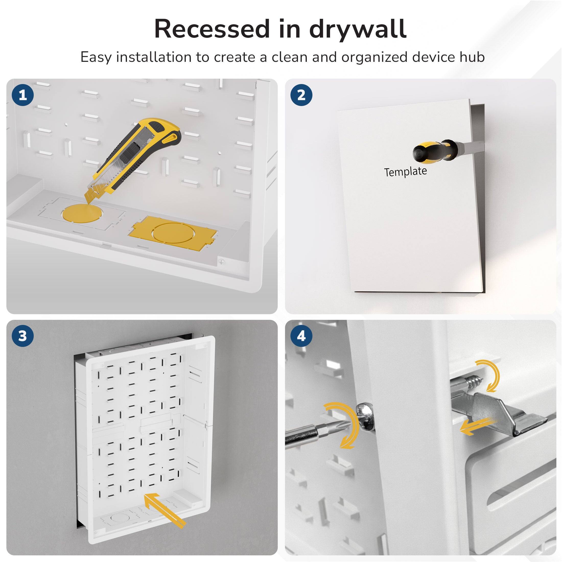 Recessed in drywall  
Easy installation to create a clean and organized device hub  
1  
2 Template  
3  
4