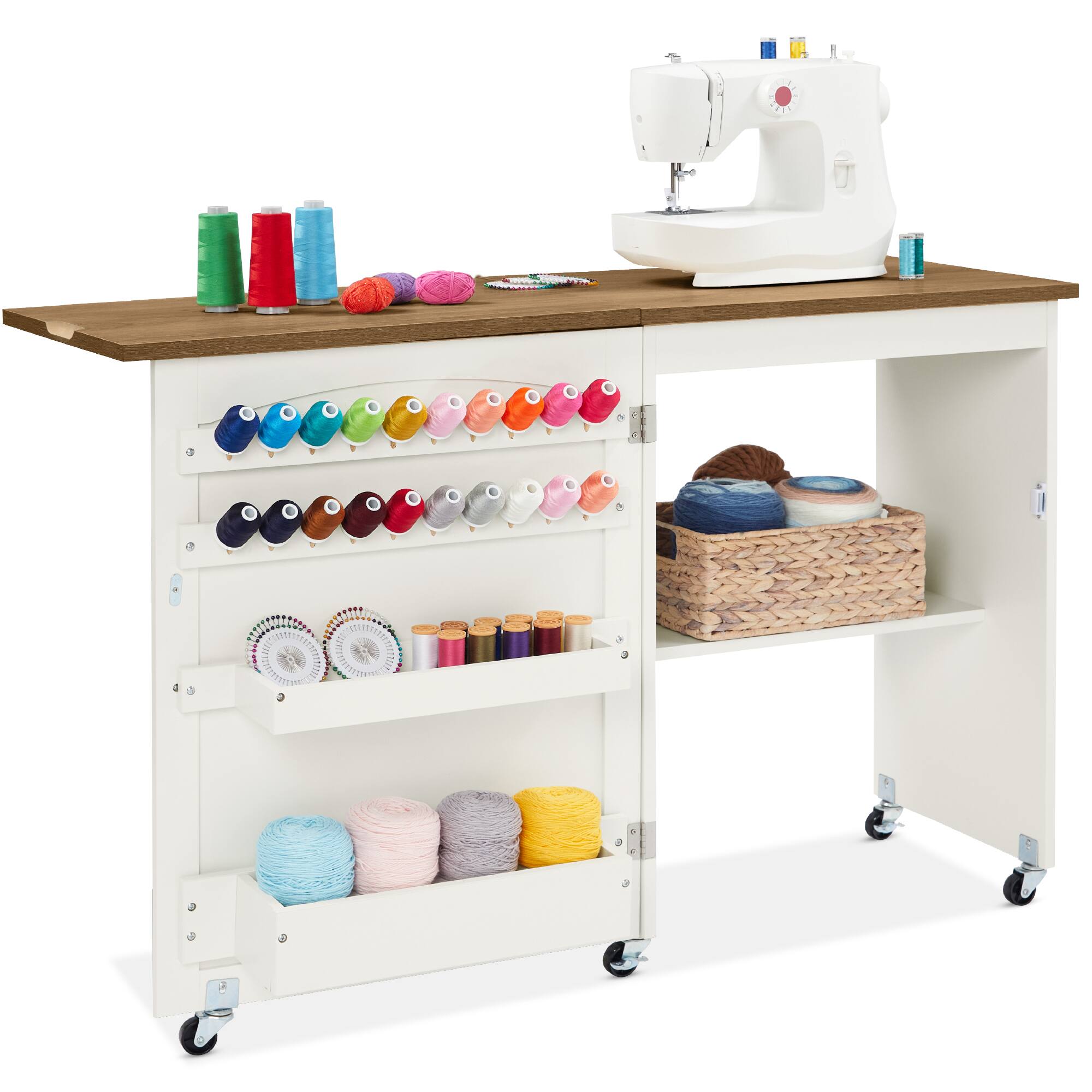 Best Choice Products - Sewing Machine Table & Desk w/ Craft Storage and Trays - Walnut/Cream - Walnut / Cream