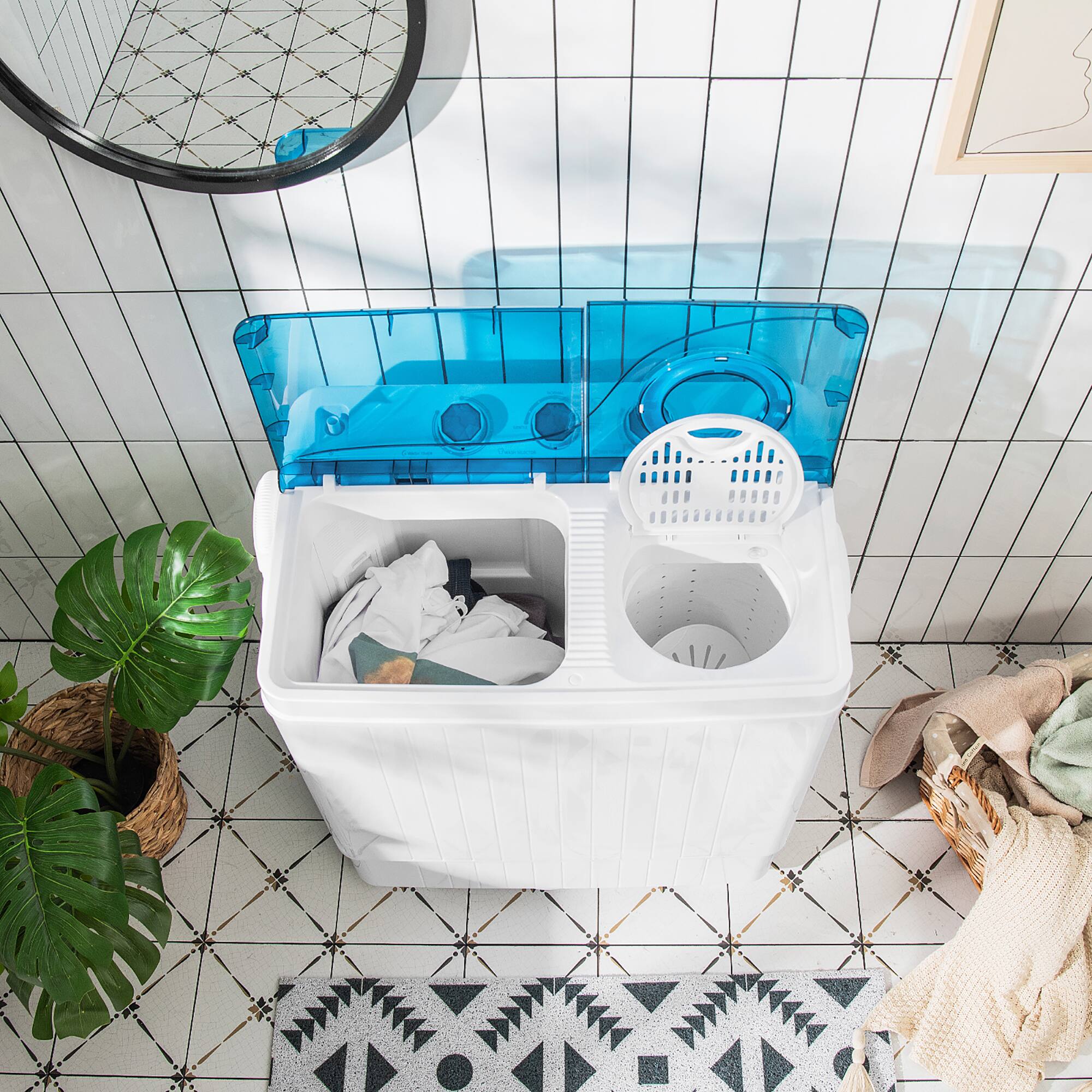 Left. Costway - 26 lb. Portable Semi-Automatic Twin Tub Washing Machine with Drain Pump - Blue and White.