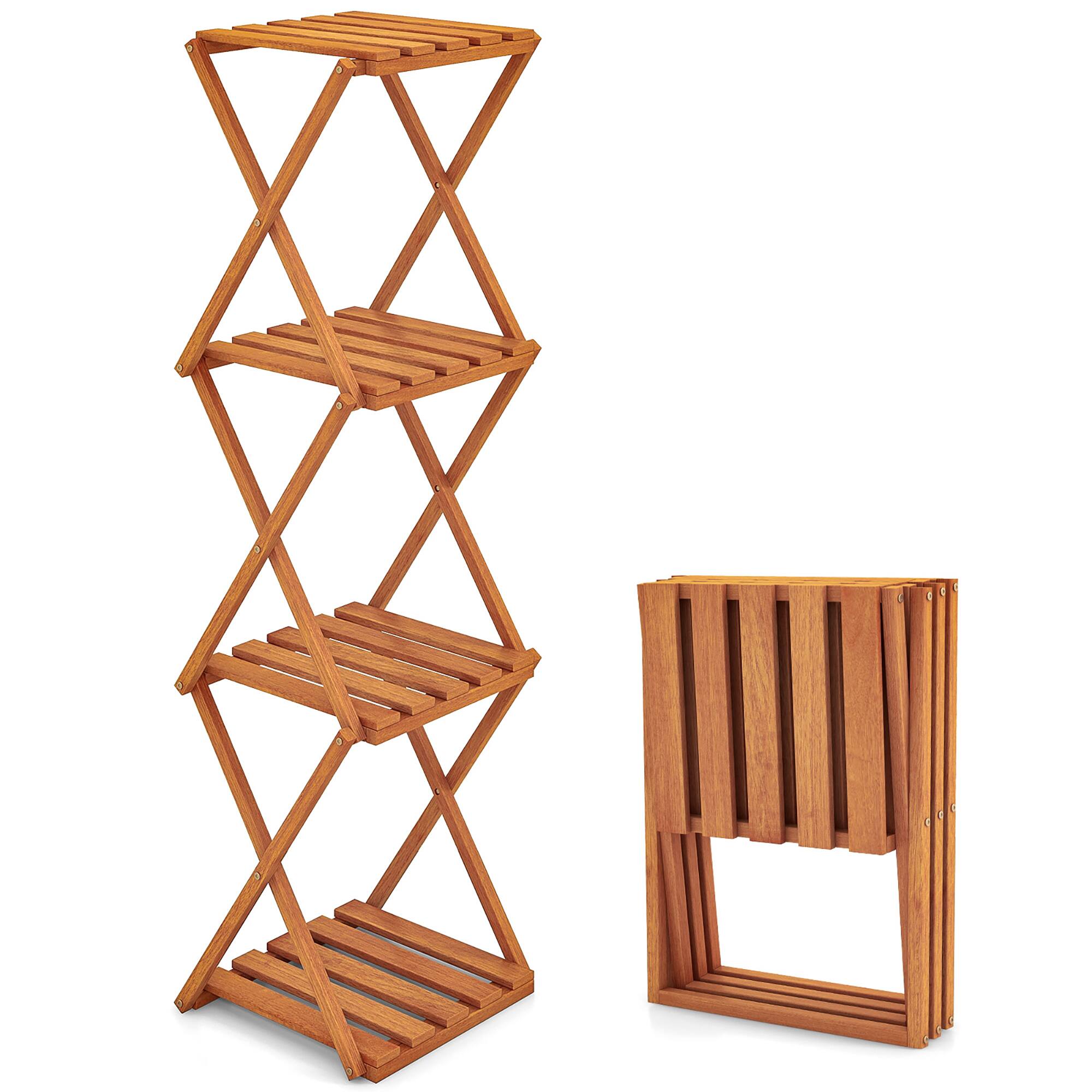 Alt View 9. Gymax - Gymax 4-Tier Folding Plant Stand w/ Slatted Layers Stable X-shaped Structure - Nature Teak Color.