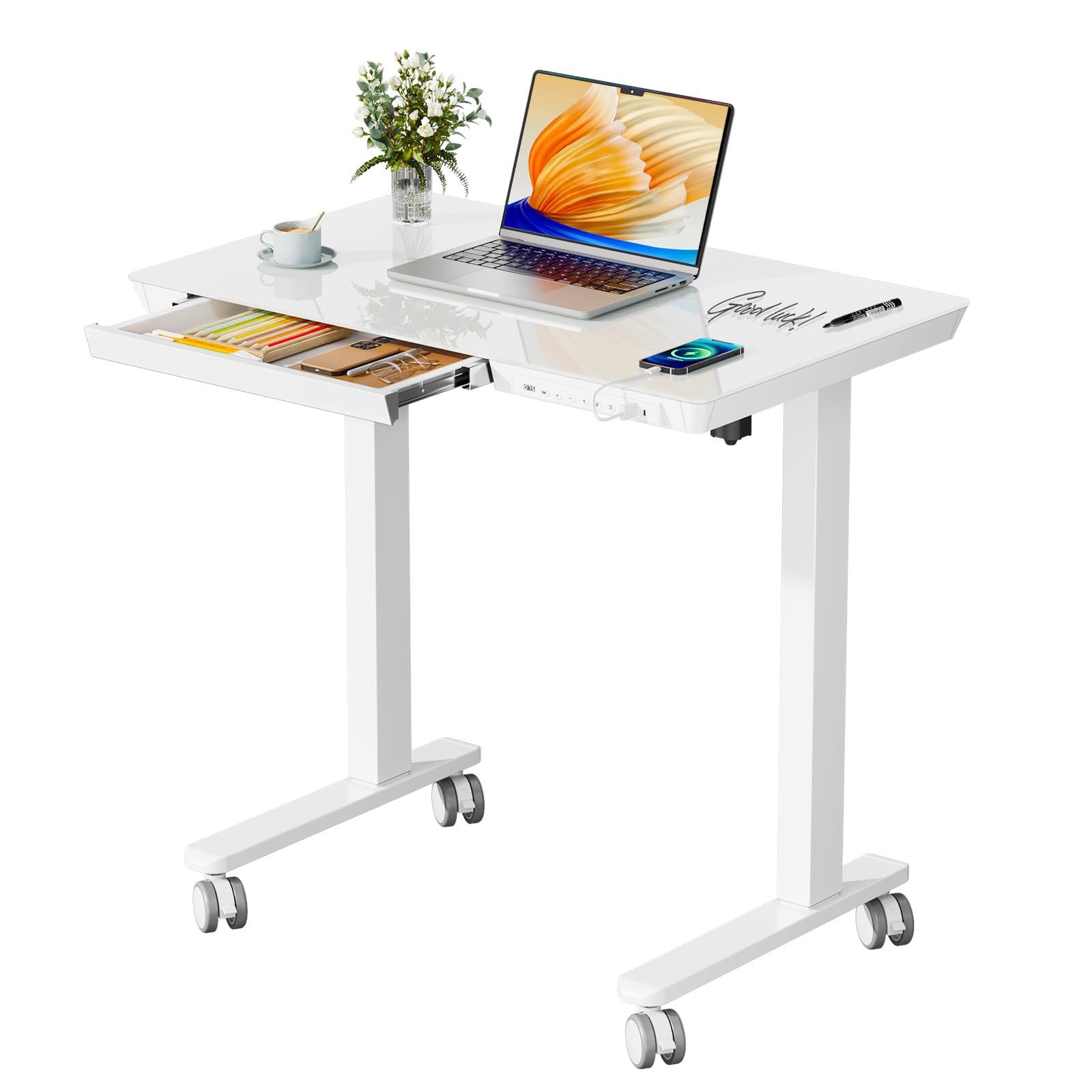 Hirose Alice - Glass Small Standing Desk with Drawer, x Whole Piece Electric Sit Stand Table, Height Adjustable Desk with - White Glass-top 32"
