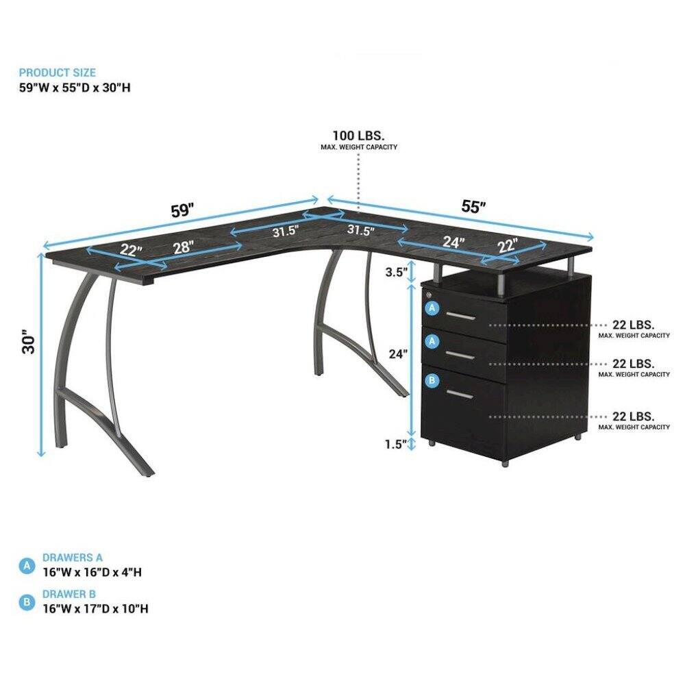 PRODUCT SIZE 59"W X 55"D X 30"H

100 LBS. MAX. WEIGHT CAPACITY

22"
59" 28"
31.5"
31.5" 3.5"
55" 24" 22"
30"
24"
1.5"

DRAWERS A
A 16"Wx16"Dx4"H
DRAWER B
B 16"W X 17"D X 10"H

22 LBS. MAX. WEIGHT CAPACITY
