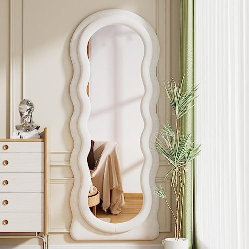 Comfort Essence - Full Length Mirror 63"x24" Wavy Floor Arched Standing Mirrors Cloud Shaped Flannel Wall Dressing Body Han - Wavy - White