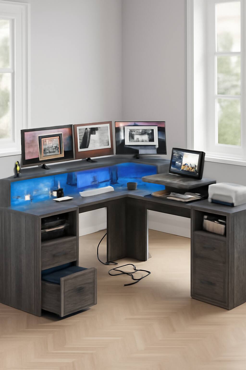 Front. Zell Electronics - 60" Grey Corner Desk with Power Outlets, Lift-Top Design, LED Lights, Storage Cabinet & Drawers - Grey.