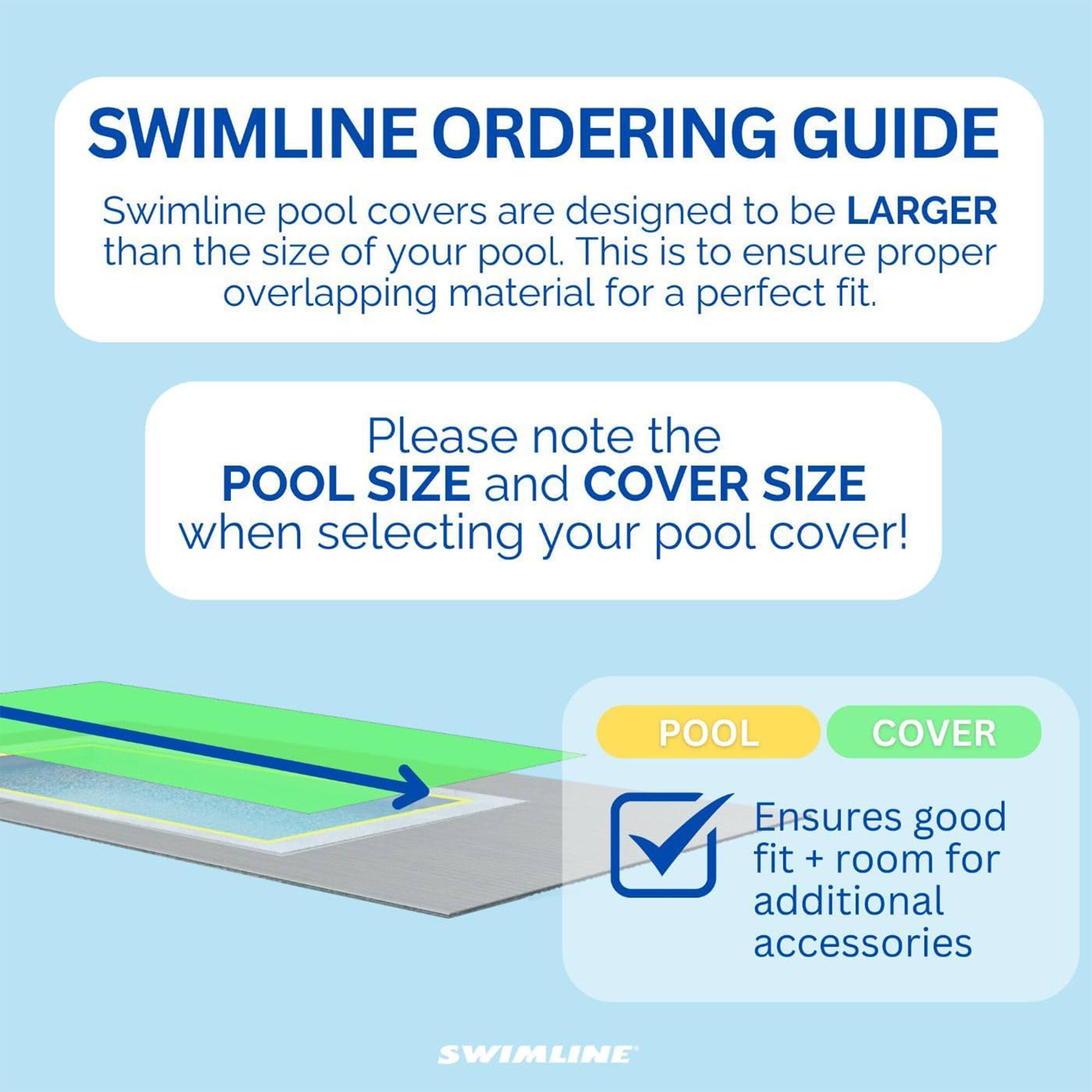 SWIMLINE ORDERING GUIDE

Swimline pool covers are designed to be LARGER than the size of your pool. This is to ensure proper overlapping material for a perfect fit.

Please note the POOL SIZE and COVER SIZE when selecting your pool cover!

POOL COVER
Ensures good fit + room for additional accessories

SWIMLINE