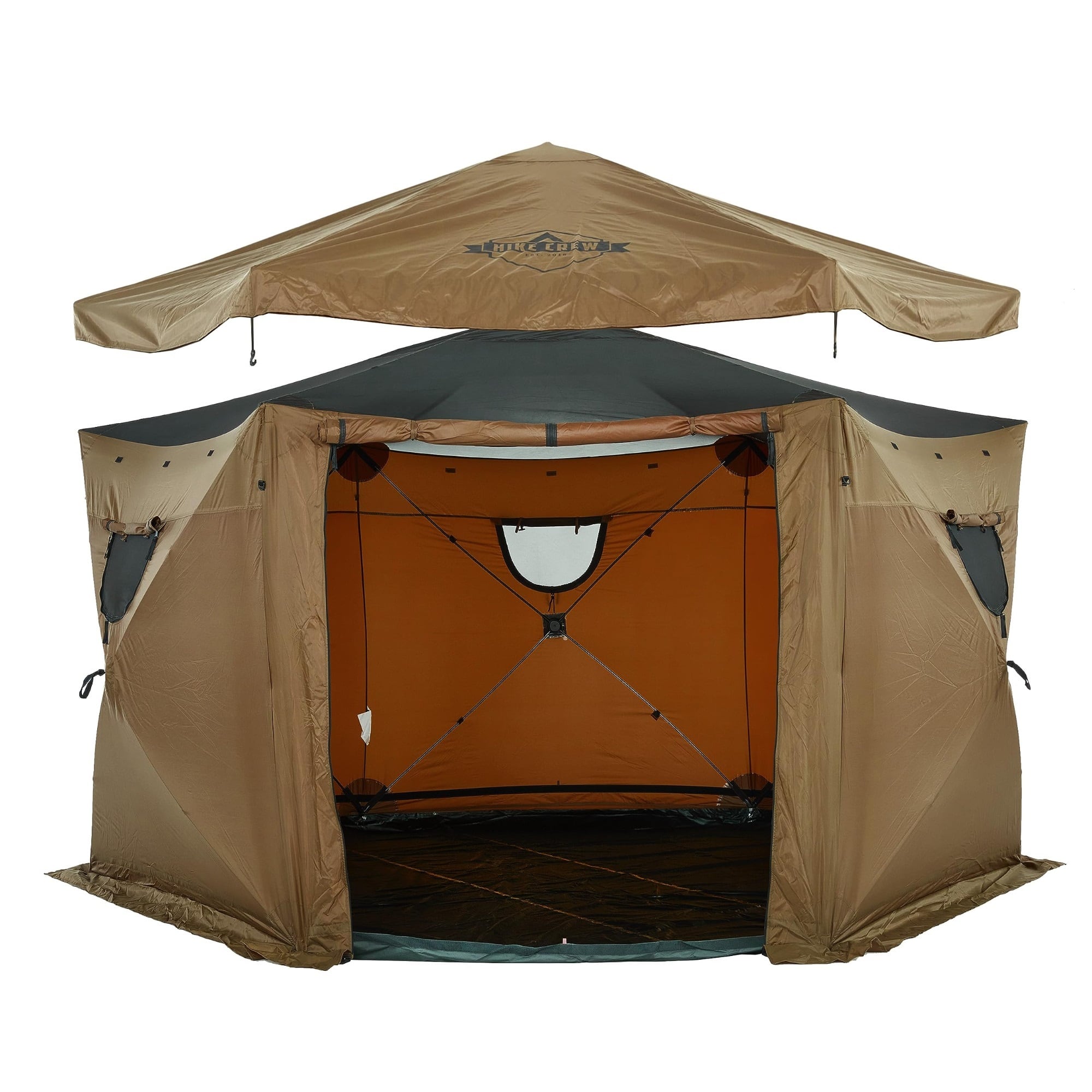 Hike Crew - 13’ x 13’ Waterproof Pop Up Gazebo Tent, 6-Sided Outdoor Tent Canopy w/Floor & More - Brown