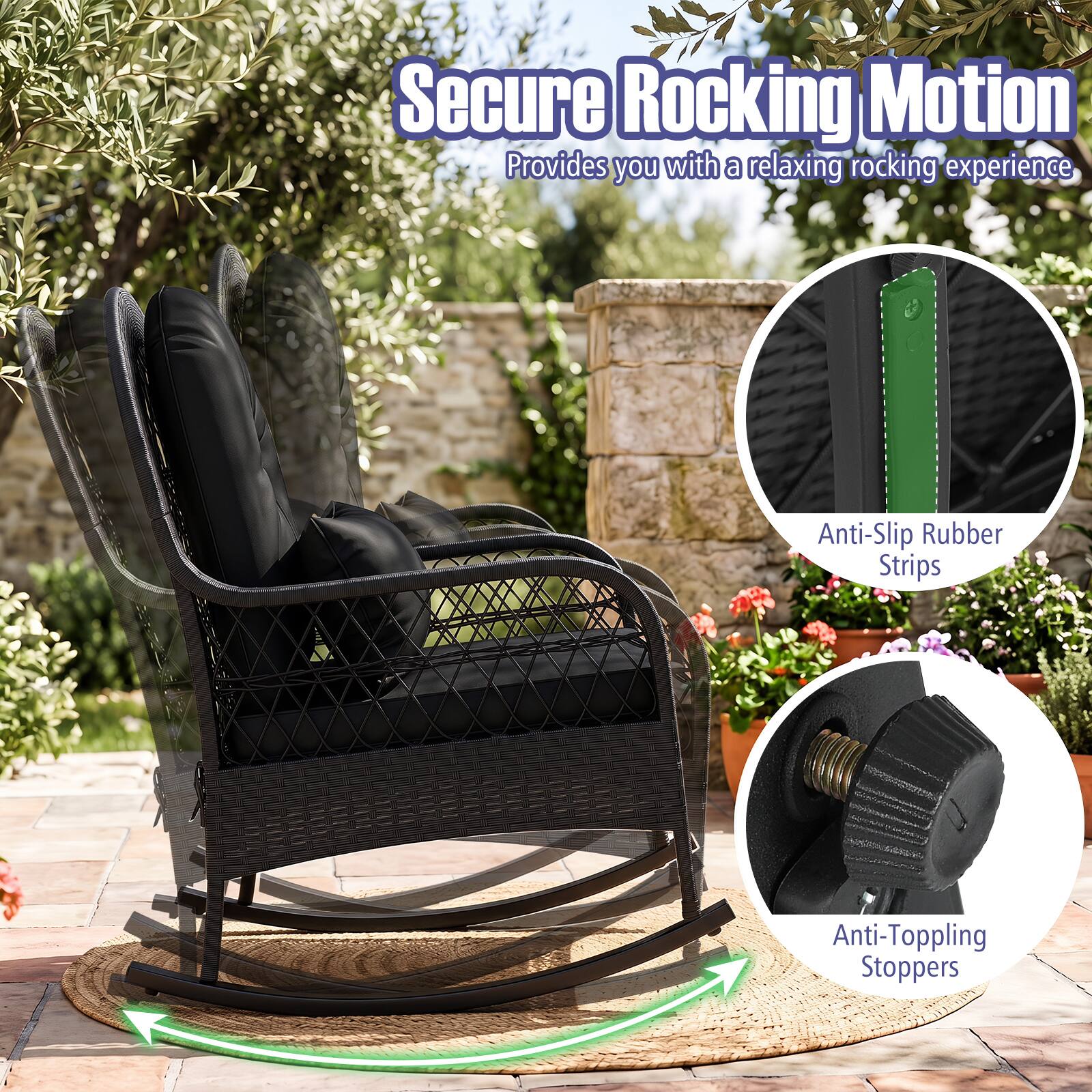 Secure Rocking Motion  
Provides you with a relaxing rocking experience  

Anti-Slip Rubber Strips  
Anti-Toppling Stoppers