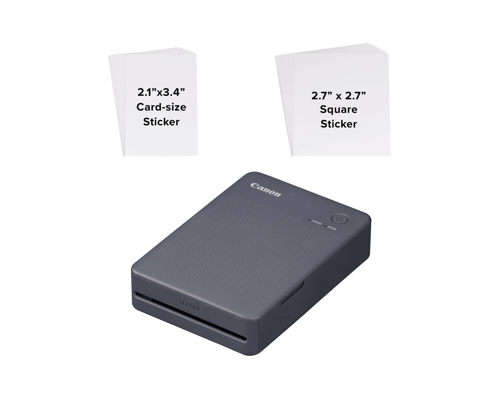 The image features a Canon brand printer that is designed to print card-size stickers and square stickers. The printer measures 2.1" x 3.4" for card-size stickers and 2.7" x 2.7" for square stickers.