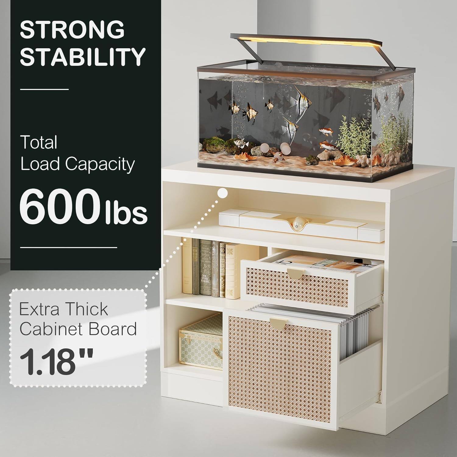 STRONG STABILITY

Total Load Capacity  
600 lbs

Extra Thick Cabinet Board  
1.18"