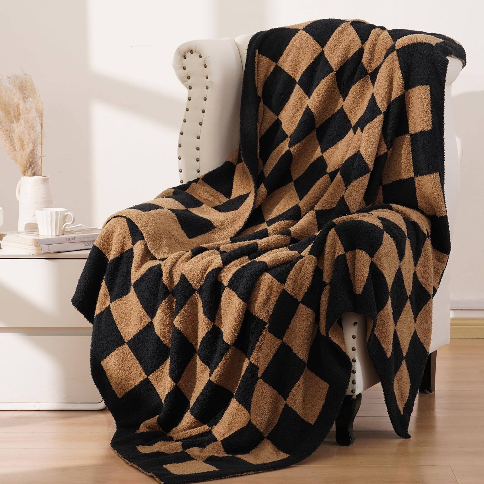 Front. Paradigms Interiors - Checkered Throw Blanket For Couch Soft Knit Fluffy Checkerboard Fleece Cozy Lightweight Bed Sofa 50 X 60 - Black Brown-Twin(60x80).