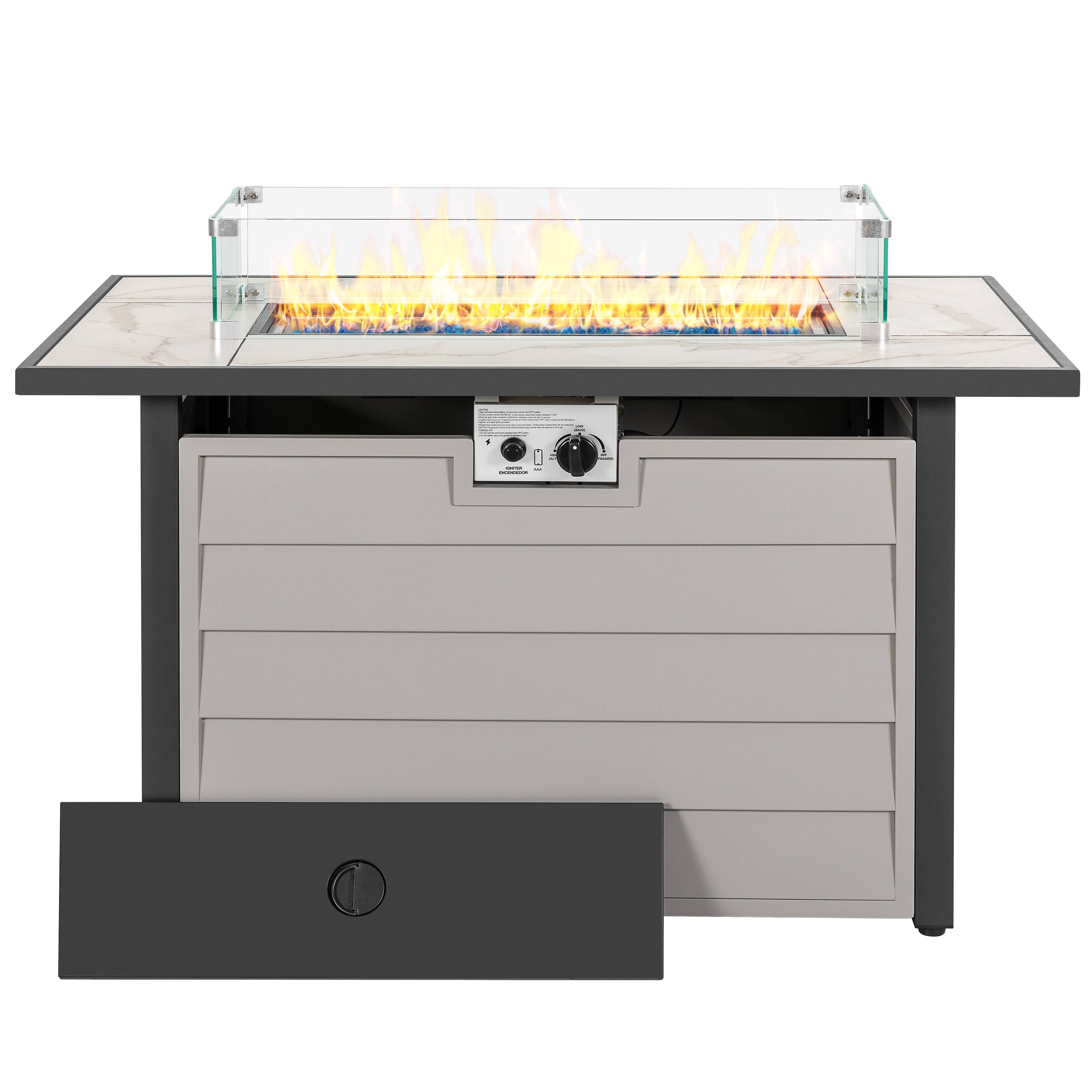 Nuu Garden - 43'' Outdoor Propane Gas Fire Pit Table with Marble Texture Glass Tabletop - fire pit body-ivory white