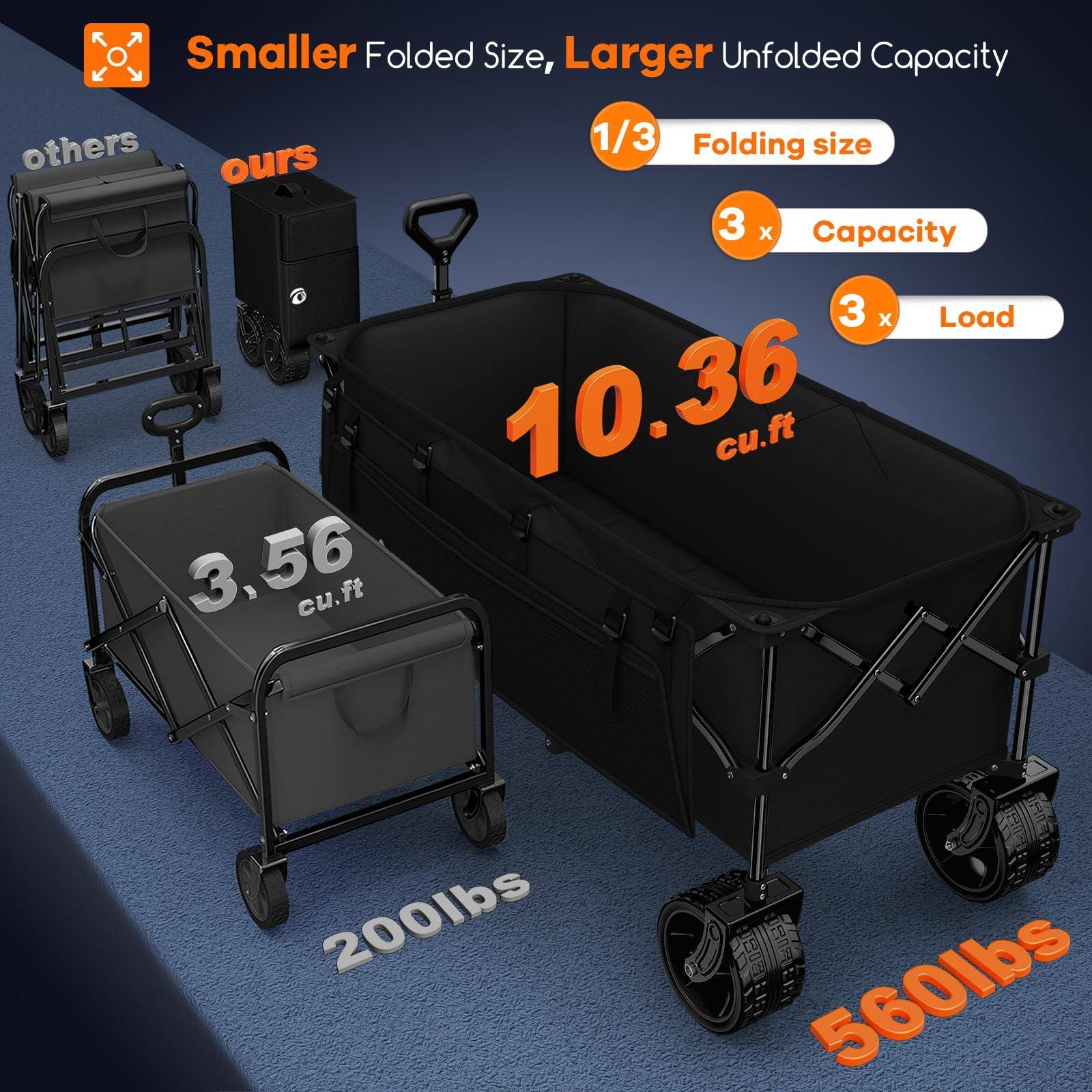 Smaller Folded Size, Larger Unfolded Capacity

- 1/3 Folding size
- 3 x Capacity
- 3 x Load

others: 3.56 cu.ft, 200lbs
ours: 10.36 cu.ft, 560lbs