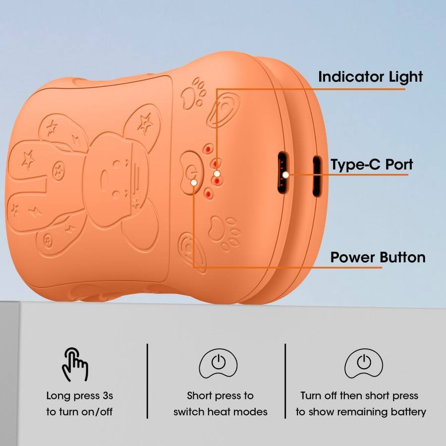 Indicator Light  
Type-C Port  
Power Button  

Long press 3s to turn on/off  
Short press to switch heat modes  
Turn off then short press to show remaining battery