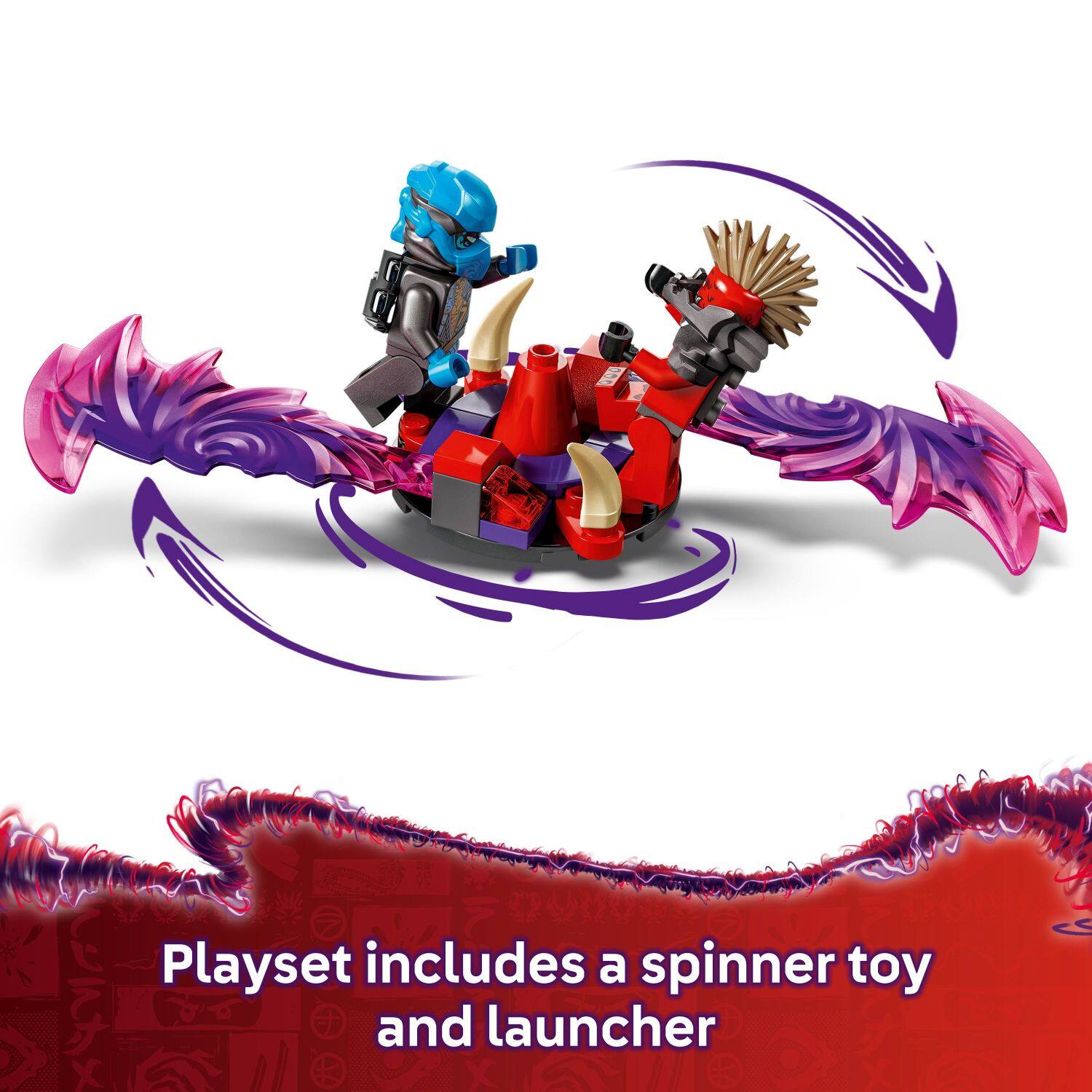 The image shows a playset that includes a spinner toy and launcher. The toy is designed for children to play with and enjoy. The spinner toy is a fun and engaging addition to the playset, while the launcher provides an exciting element for children to use during their playtime.