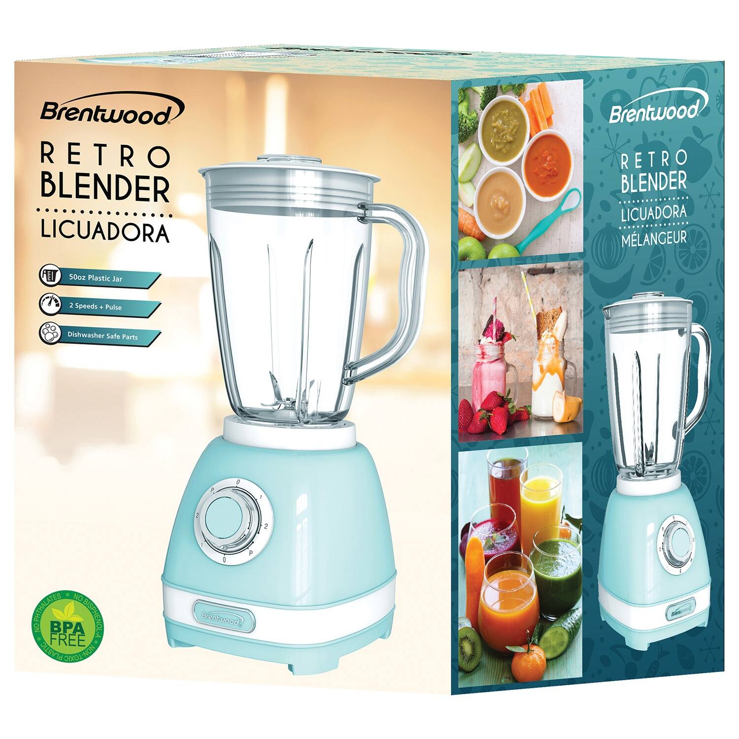 Brentwood RETRO BLENDER LICUADORA  
Brentwood RETRO BLENDER LICUADORA  
50oz Plastic Jar  
2 Speeds + Pulse  
Dishwasher Safe Parts  
BPA FREE  
CE