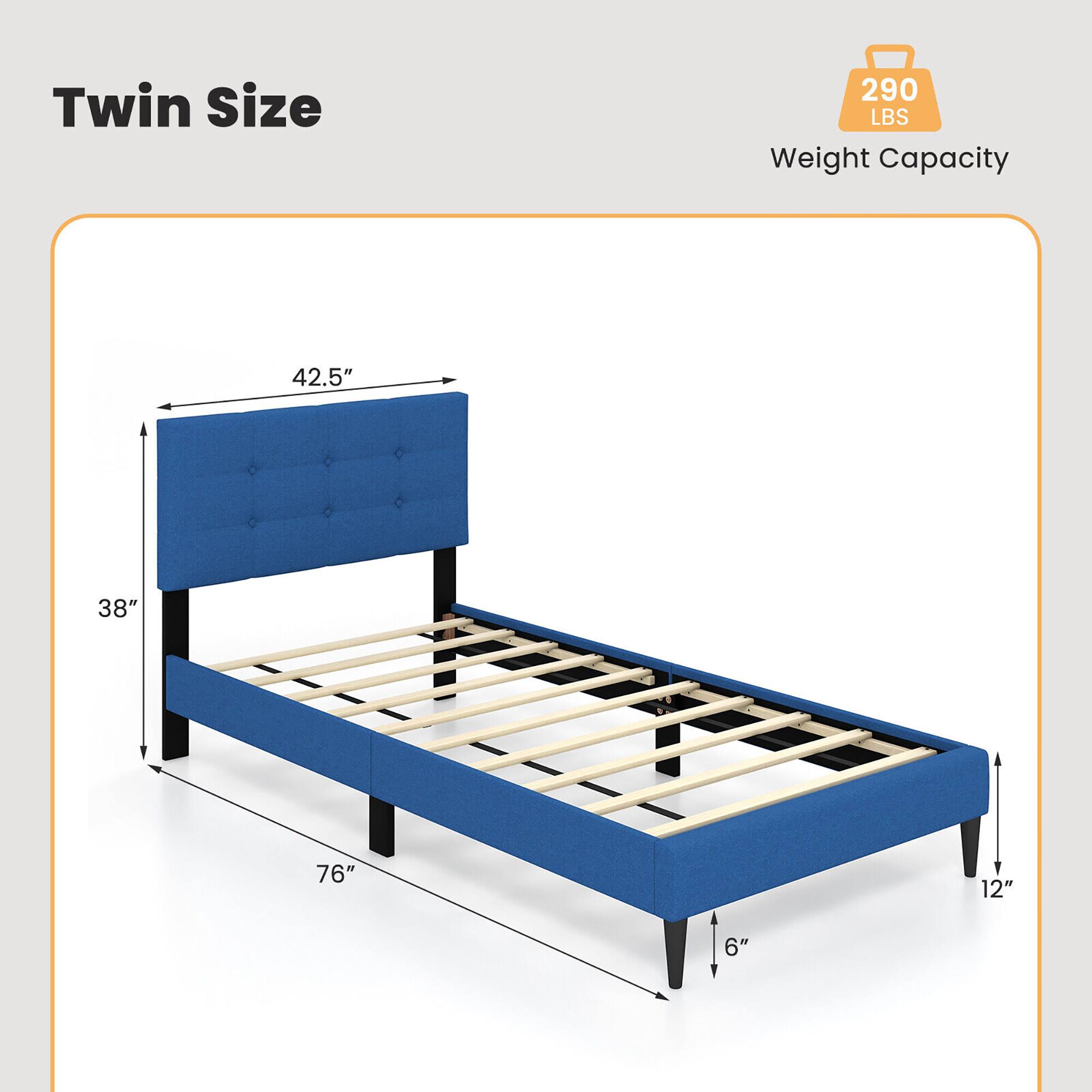 Twin Size  
Weight Capacity: 290 LBS  
Dimensions: 76" x 38" x 42.5"  
Height: 12"  
Headboard Height: 38"  
Footboard Height: 6"
