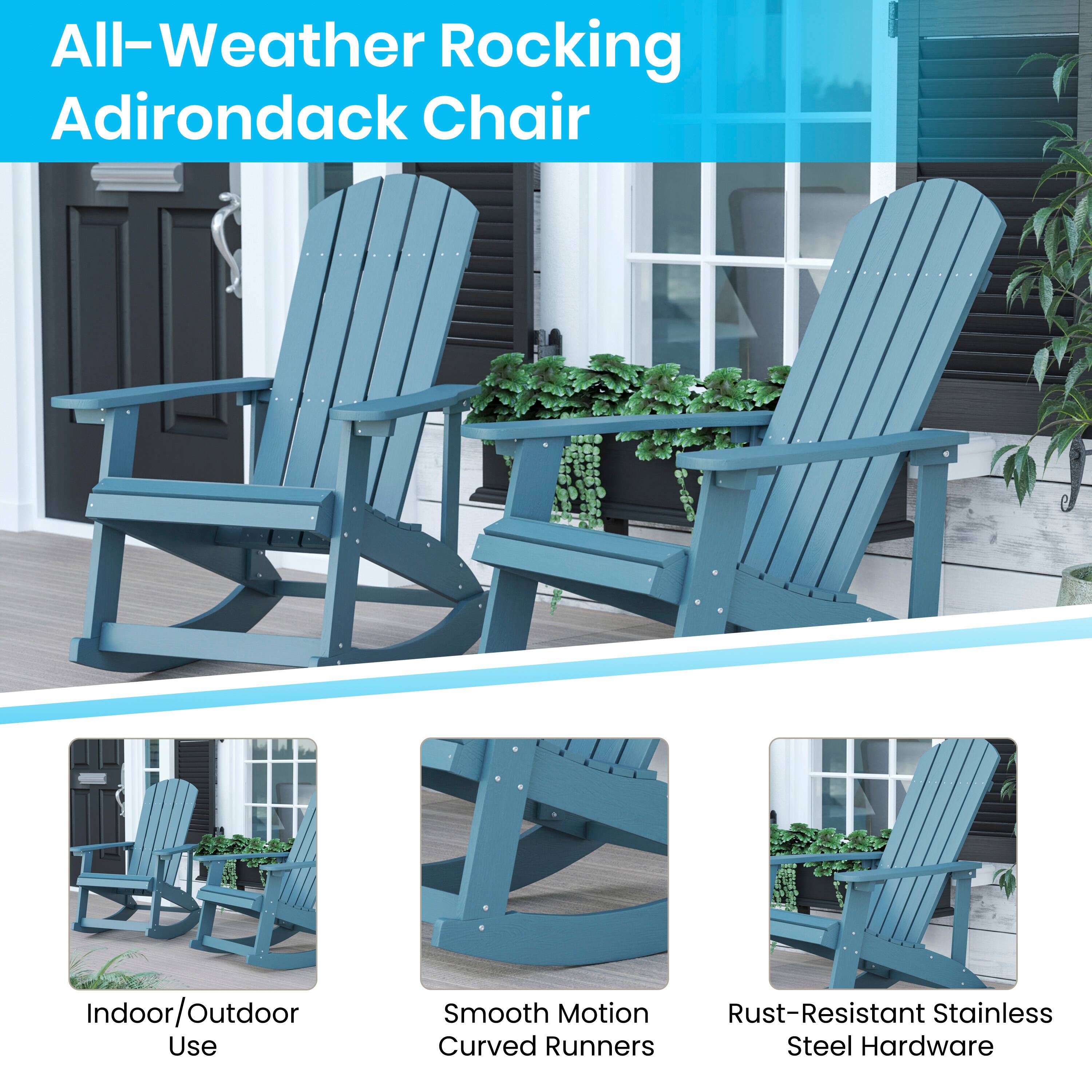 All-Weather Rocking Adirondack Chair

Indoor/Outdoor Use

Smooth Motion Curved Runners

Rust-Resistant Stainless Steel Hardware