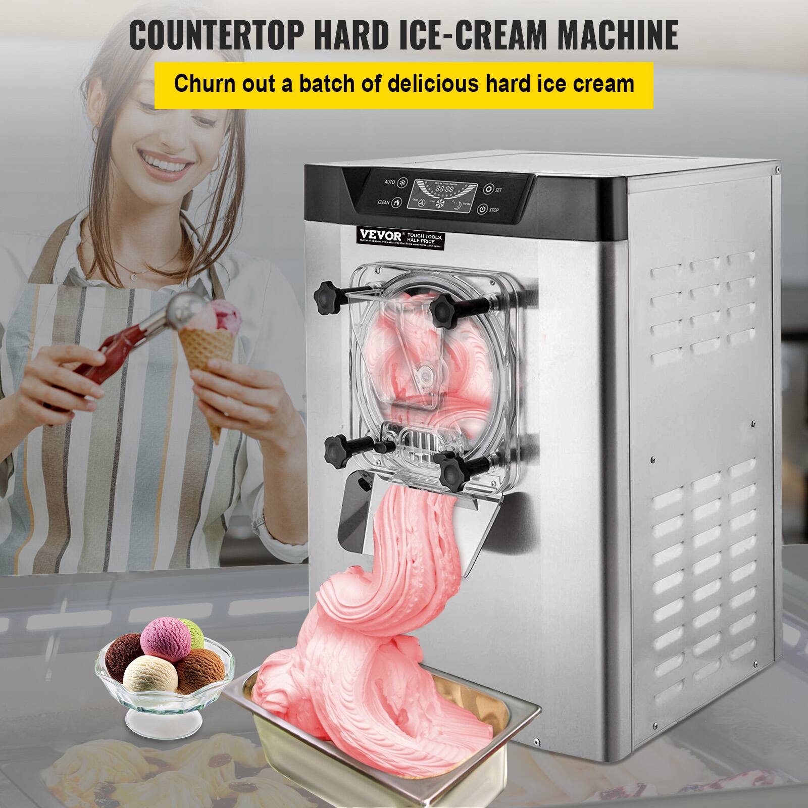 COUNTERTOP HARD ICE-CREAM MACHINE  
Churn out a batch of delicious hard ice cream

AUTO : CON +  
27 C DO  
VEVOR TOUGH HALF PRICE TOOLS