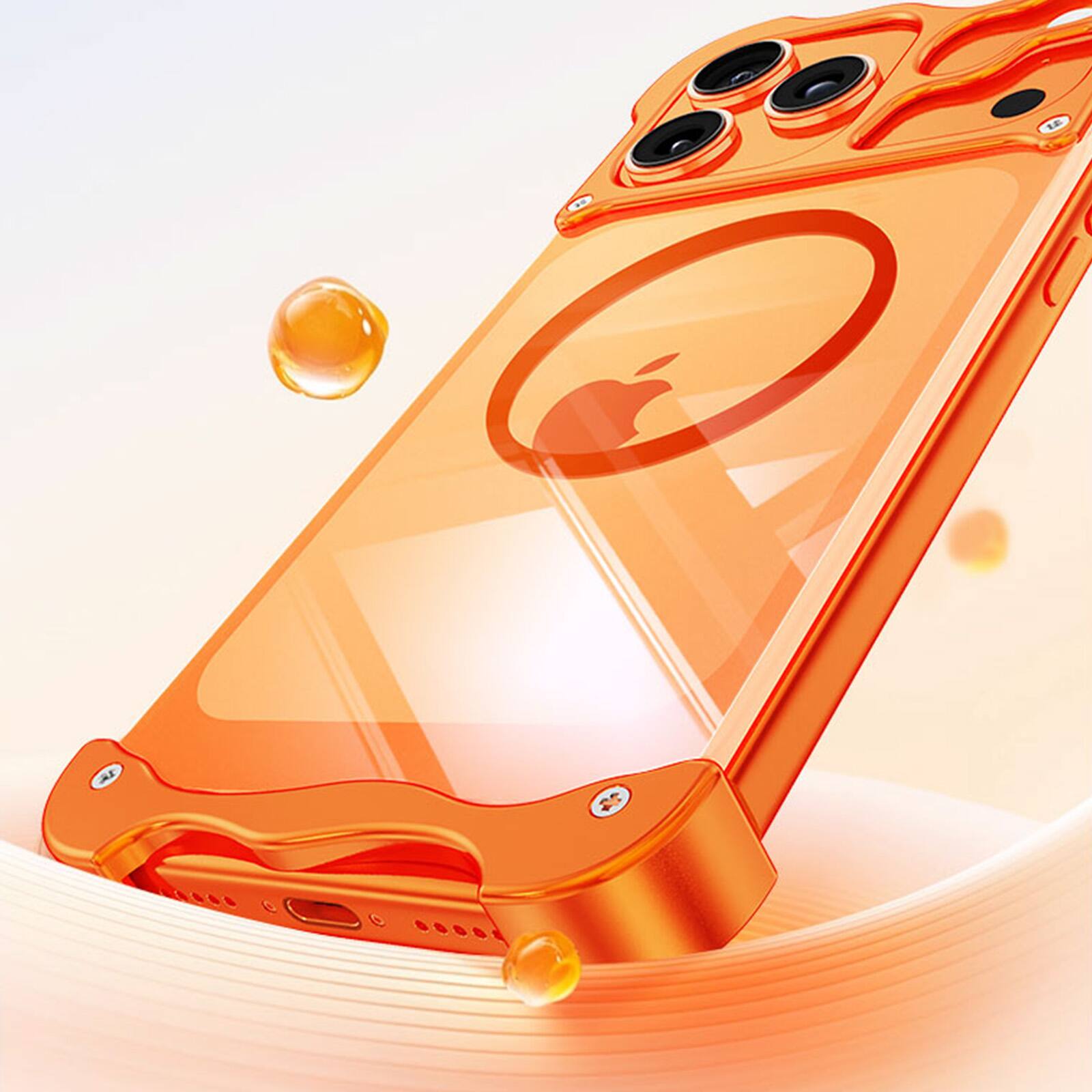 Angle. Dteck - Magnetic Clear Hard PC Case for Apple iPhone 17 Pro, Aluminum Metal Bumper Shockproof Slim Reinforced Corner Phone Cover - Orange.