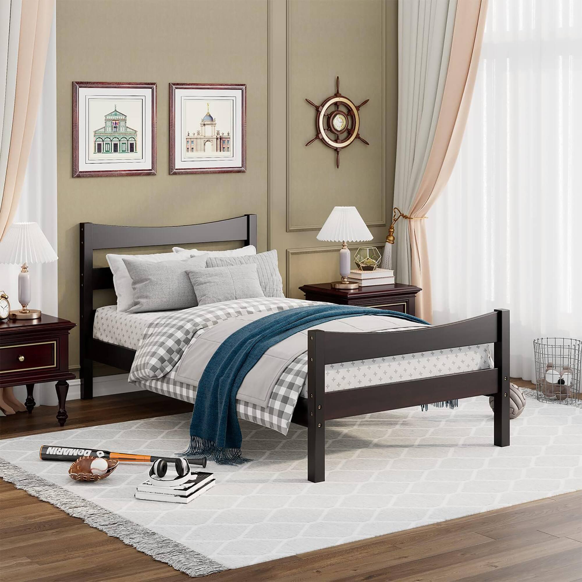 Gymax - Twin Size Platform Bed Frame Foundation w/Headboard &Wood Slat Support - Espresso
