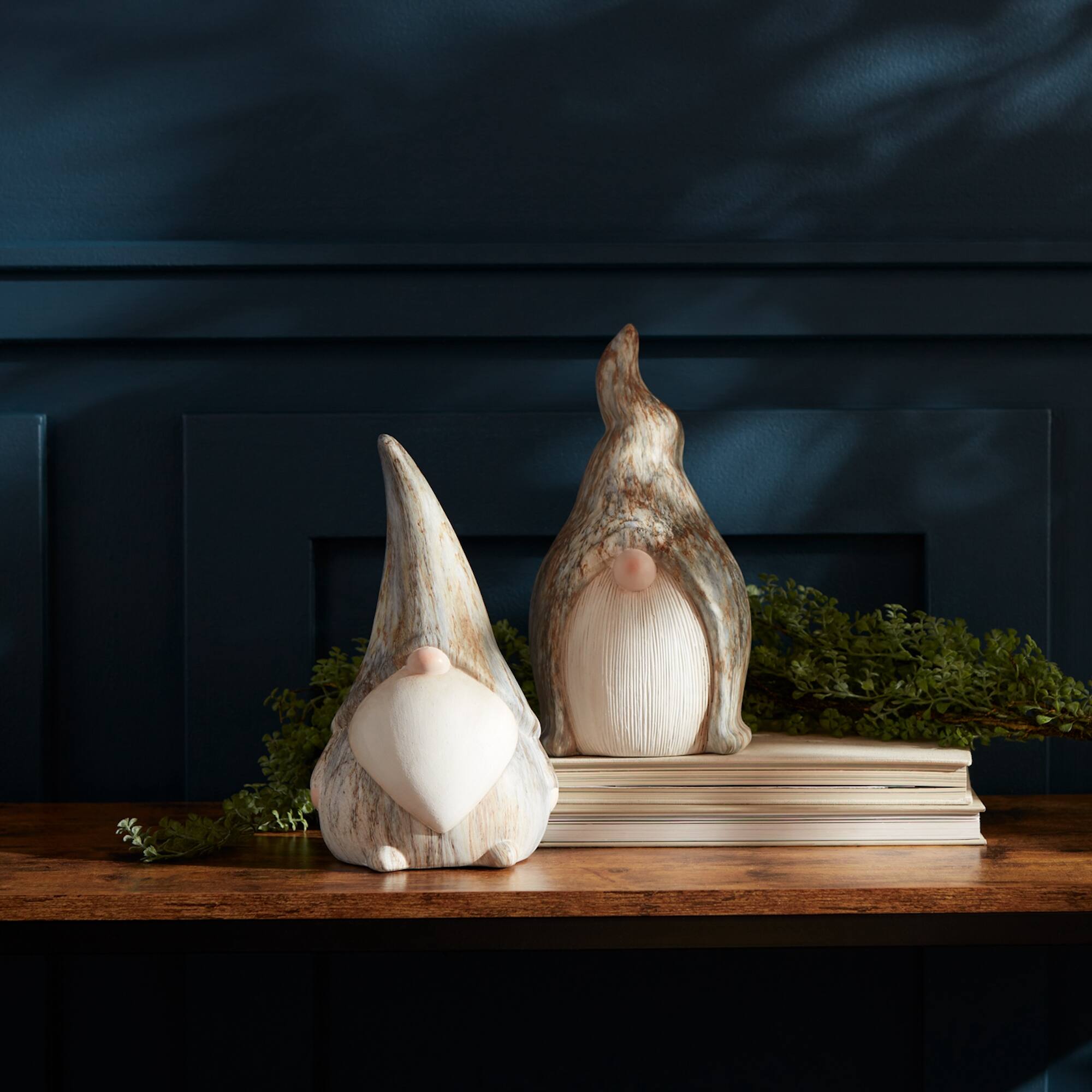 Angle. BreeBe - Modern Terra Cotta Gnome Figurine with Marble Finish (Set of 2) - White.