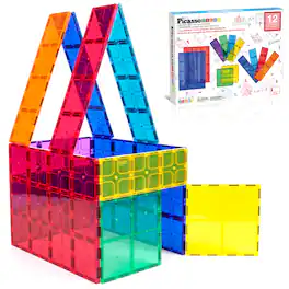 PicassoTiles - PICASSO-TILES Magnetic Tiles for Kids, Construction STEM Building Blocks Educational Toy, Large 12PCS