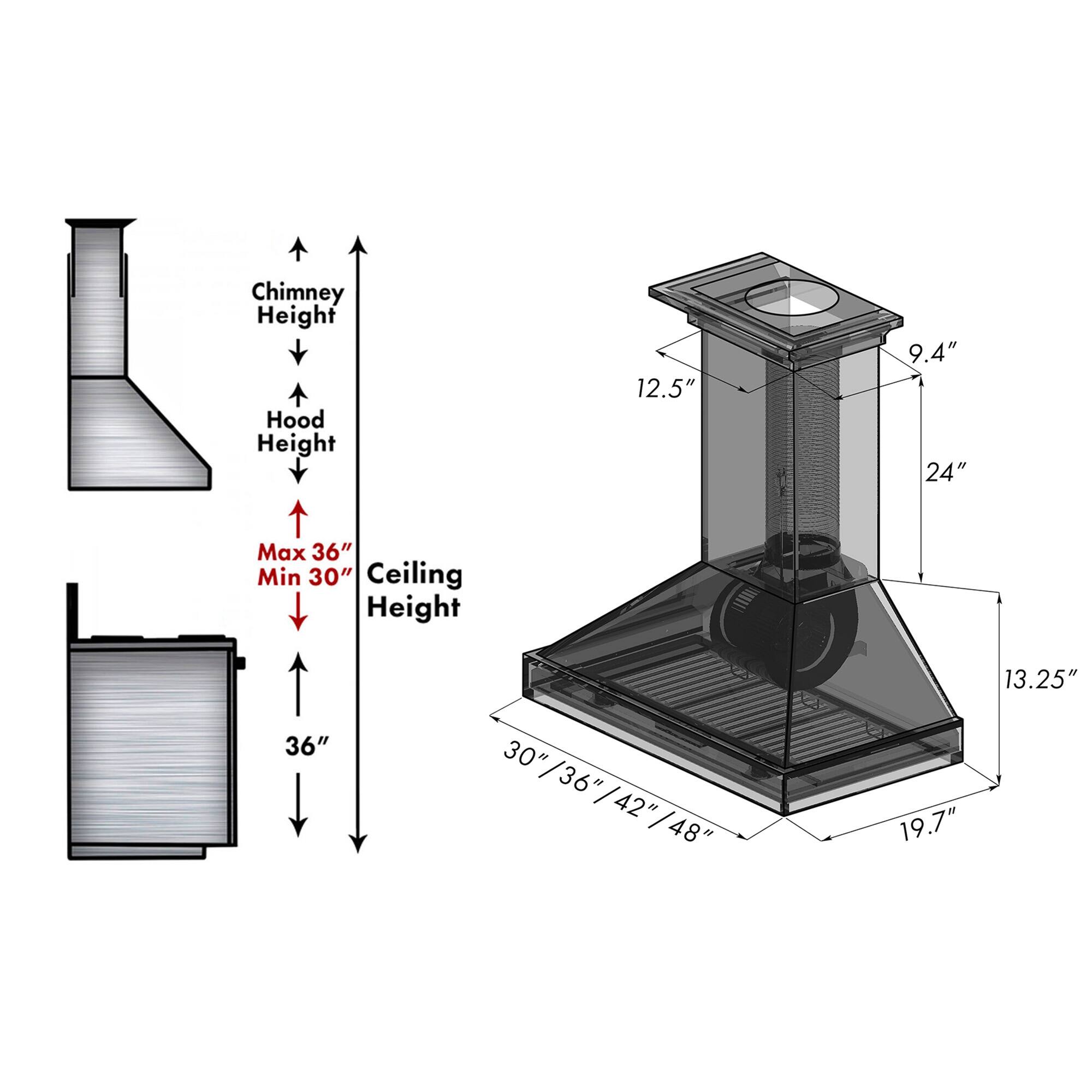 Chimney Height: 12.5"  
Hood Height: 9.4"  
Ceiling Height: 36" (Max), 30" (Min)  
Dimensions: 24" x 19.7" x 13.25"