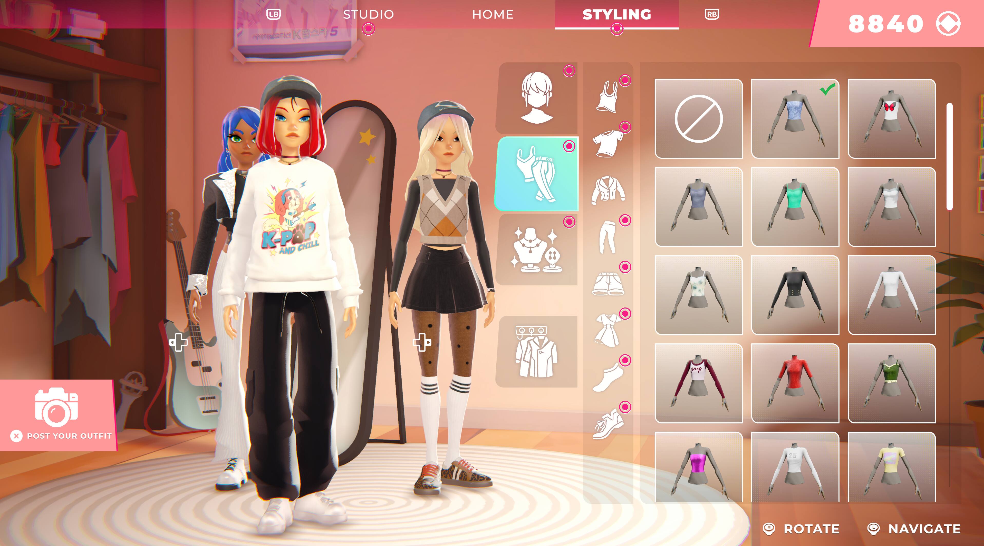 V LB STUDIO aK5 5 HOME STYLING RB 8840 H ser K-POP. AND CHILL + x POST YOUR OUTFIT ROTATE NAVIGATE