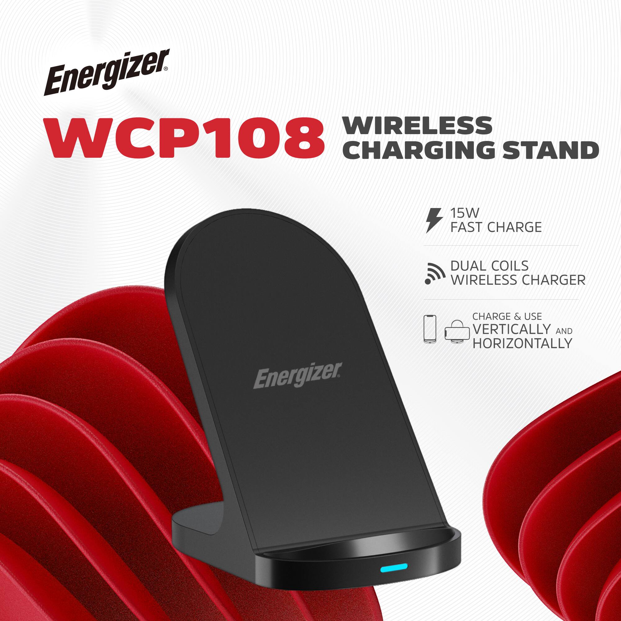Energizer WCP108 Wireless Charging Stand 15W Fast Charge Dual Coils Wireless Charger. Energizer Charge & Use Vertically and Horizontally
