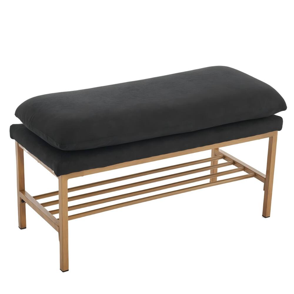 Alt View 7. Ecooso - End of Bed Bench with Shelf, Upholstered Shoe Storage Bench with Metal Legs, 300 lbs Capacity - Black.