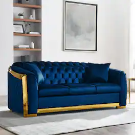 Anysun - 84" 3-Seat Velvet Chesterfield Sofa - Button Tufted, Gold Stainless Steel Trim, Mid-Century Modern with 2 Pillows - Blue