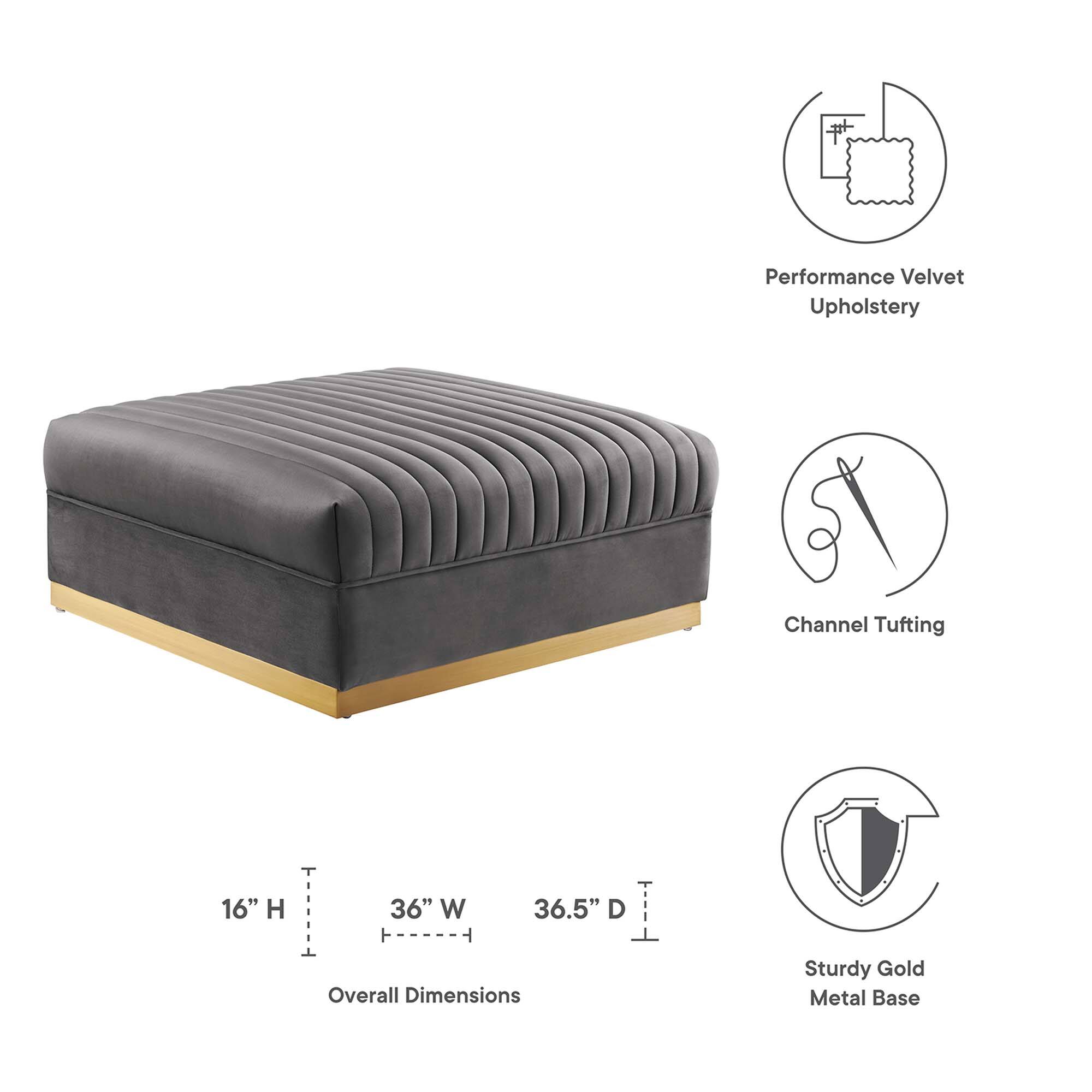 Performance Velvet Upholstery  
Channel Tufting  
16" H x 36" W x 36.5" D  

Overall Dimensions  
Sturdy Gold Metal Base