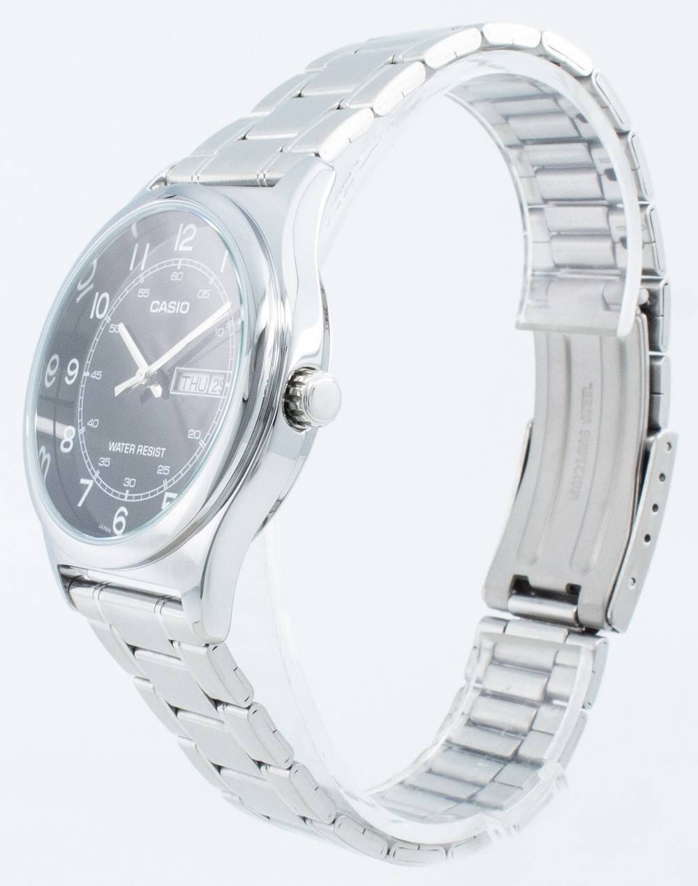 12 l I O 60 55 05 10 CASIO 50 O 9 9 45 THU 29 40 8 20 WATER RESIST m 35 25 30 7 D 6

Corrected text from the image:
12 11 10 9 8 7 6 5 4 3 2 1
CASIO
THU 29
WATER RESIST