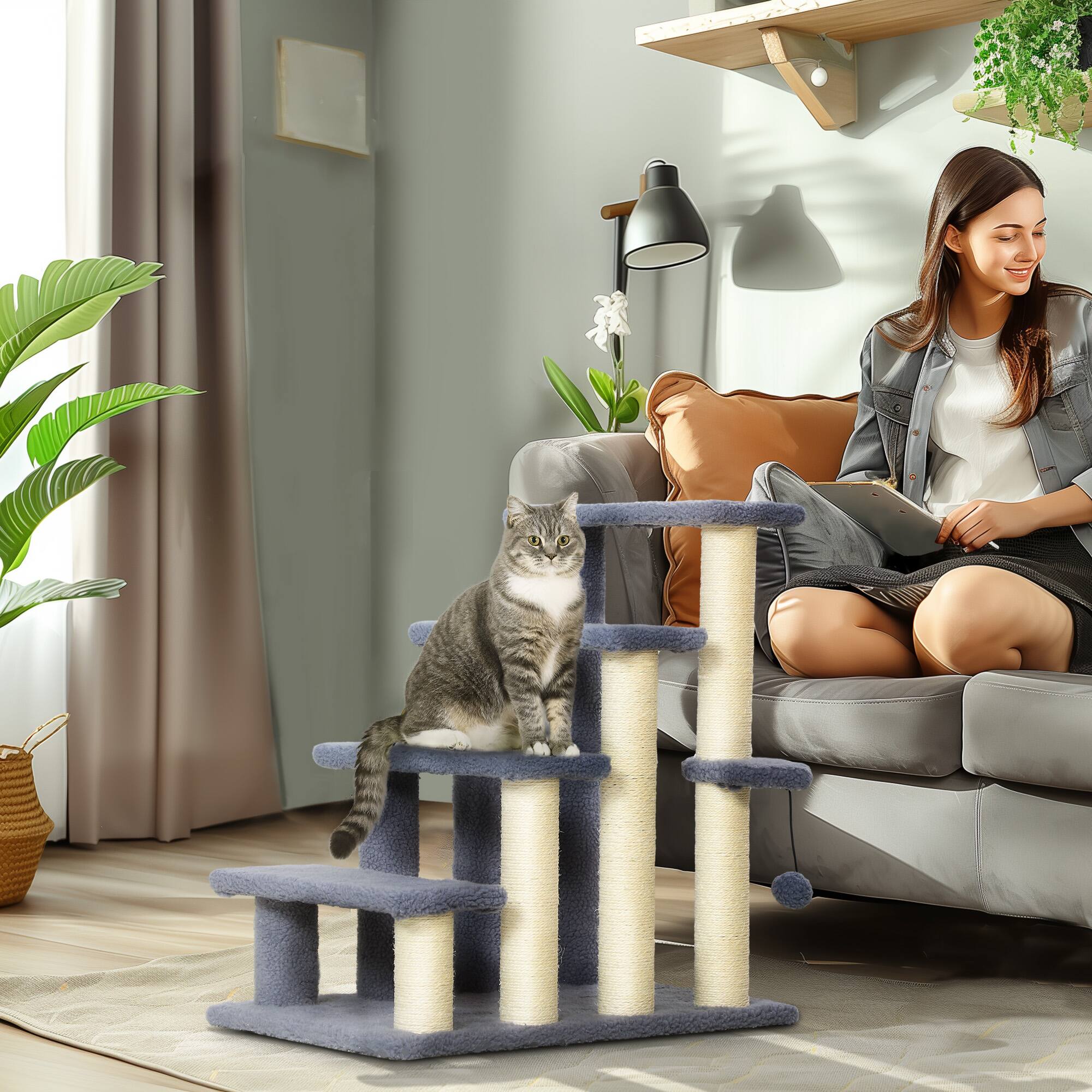 Angle. Pawhut - 4 Levels Cat Steps, Carpeted Pet Stairs Ladder, Kitten Tree Climber with Scratching Posts, Hanging Play Ball, Side Step - Gray.
