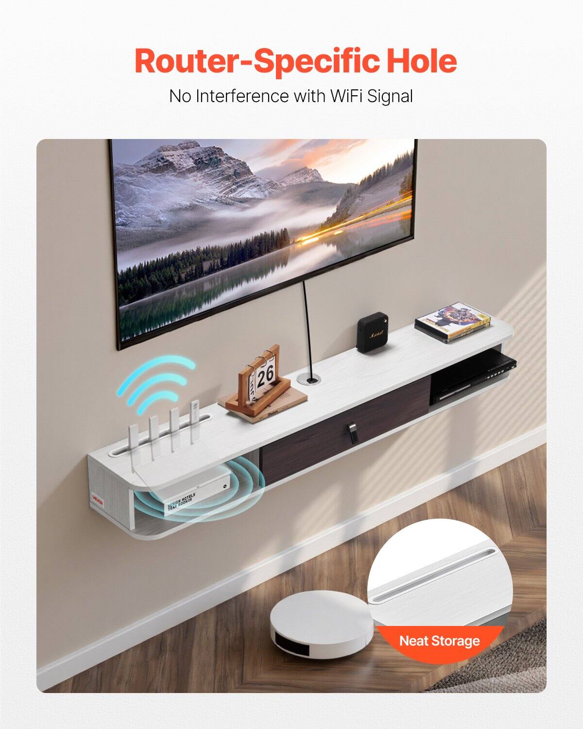 Router-Specific Hole  
No Interference with WiFi Signal  

Neat Storage