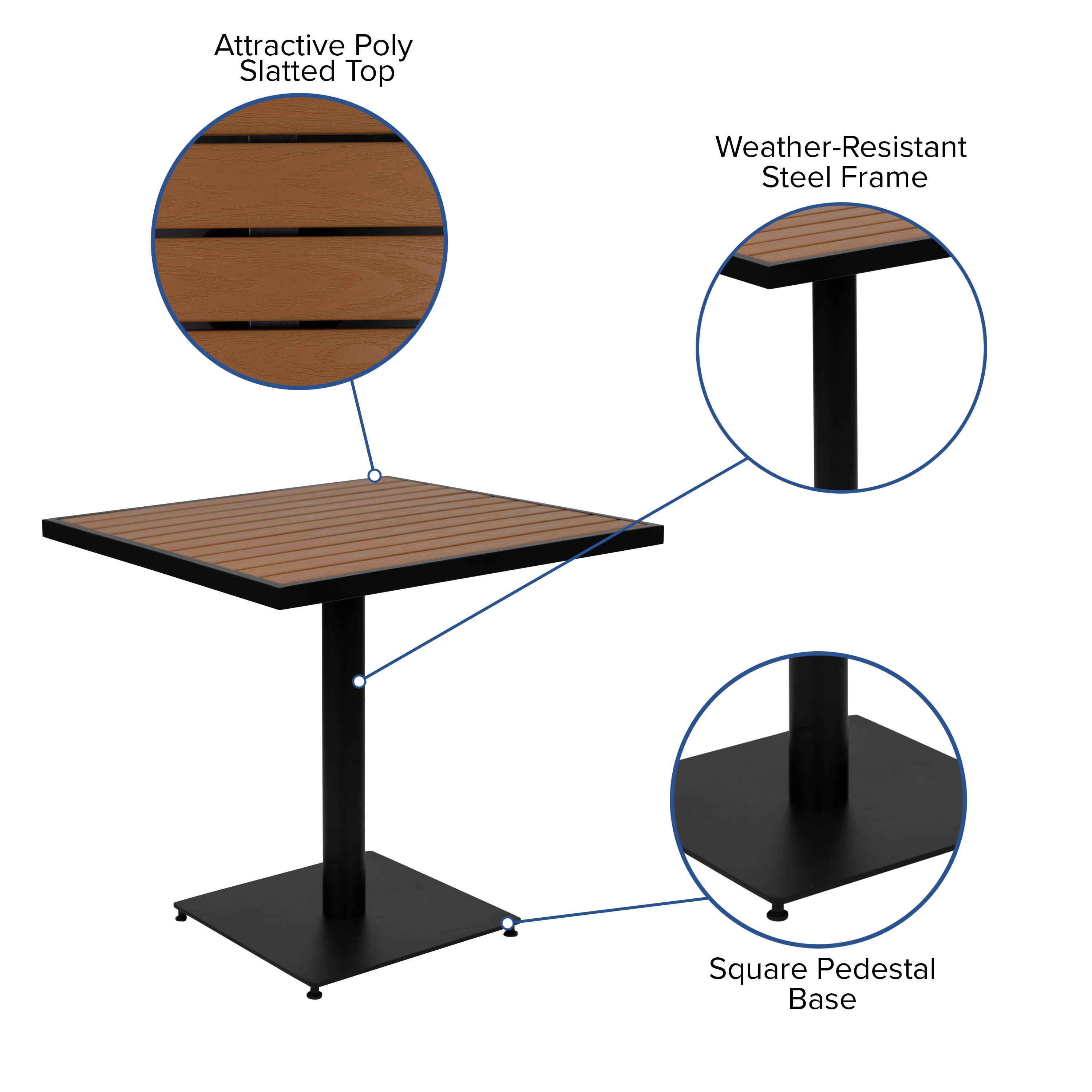 Attractive Poly Slatted Top  
Weather-Resistant Steel Frame  
Square Pedestal Base
