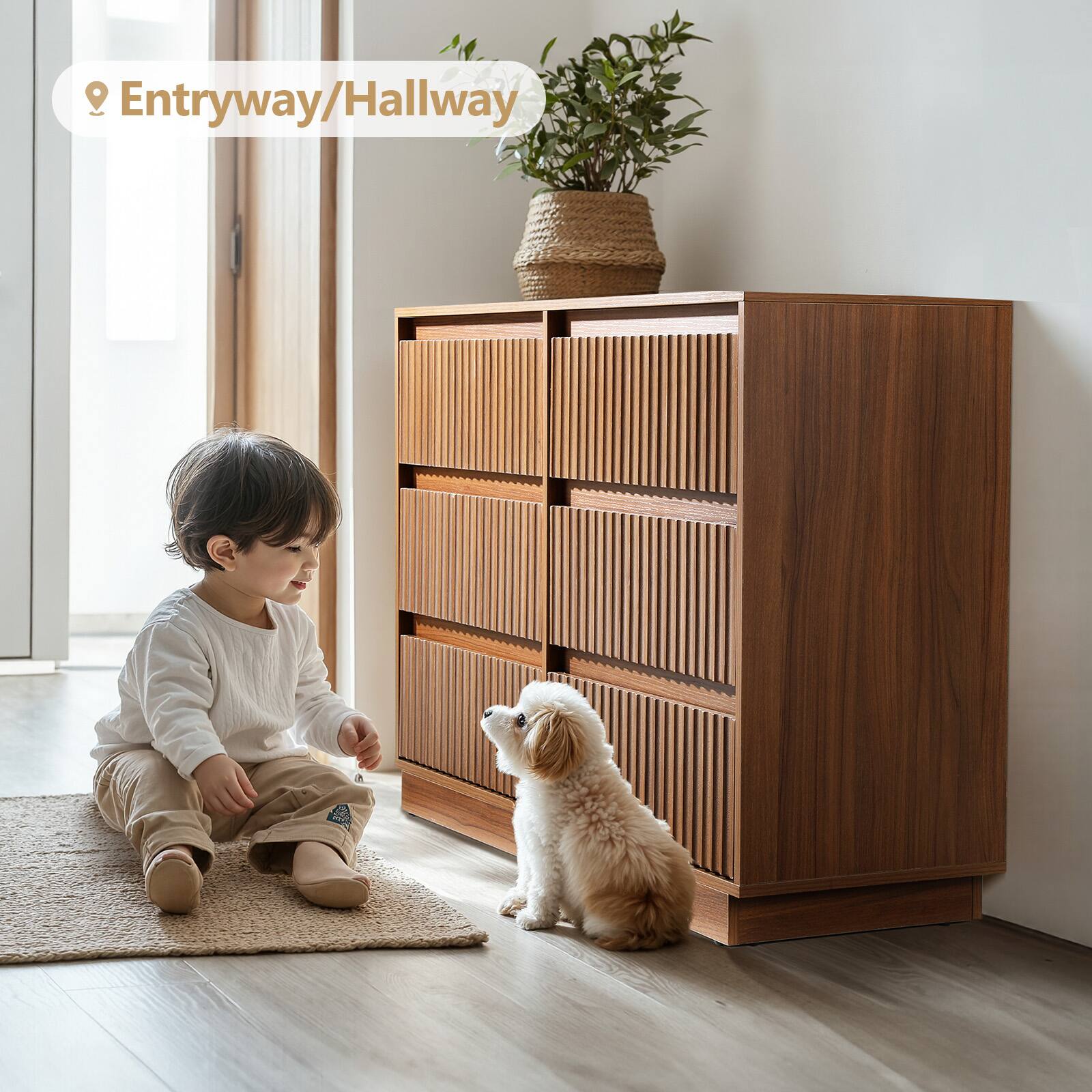 Alt View 7. Koligey - 6-Drawer Dresser 47"W Double Dresser With Waveform Fluted Panel - walnut.