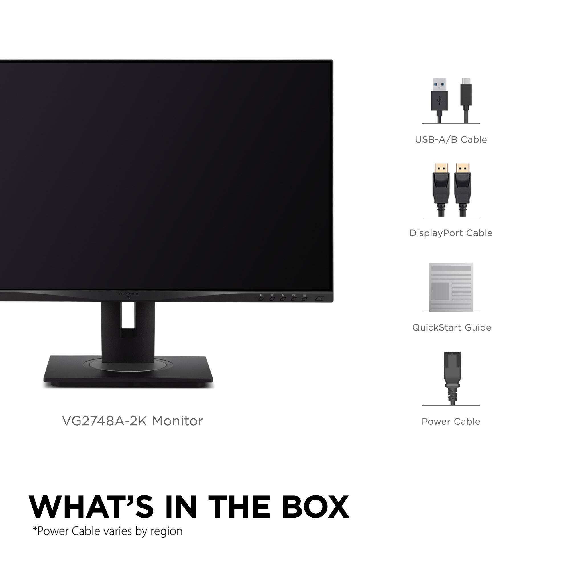 VG2748A-2K Monitor, USB-A/B Cable, DisplayPort Cable, QuickStart Guide, Power Cable, WHAT'S IN THE BOX "Power Cable varies by region