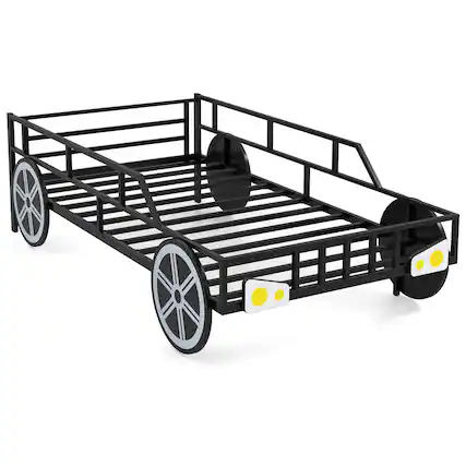 Front. Costway - Costway Twin Car-Shaped Metal Bed Frame with Wheels Decorations Safety Guardrails - Black.