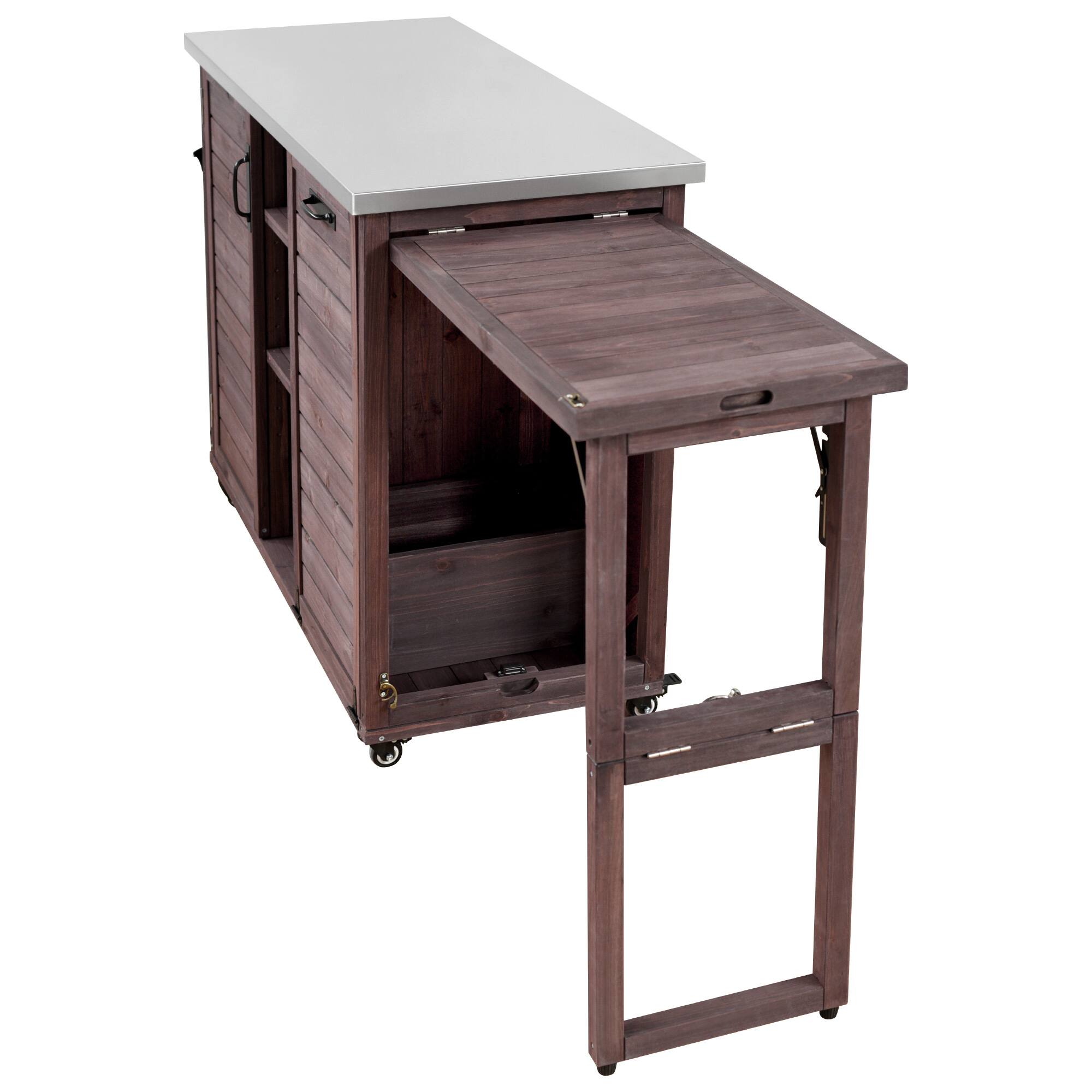 Left. PexFix - 78.3" Outdoor Kitchen Island with Foldable Table, Trash Storage & Stainless Top, Wood Pizza Oven Cart for Lawn & Garden - Dark Brown.