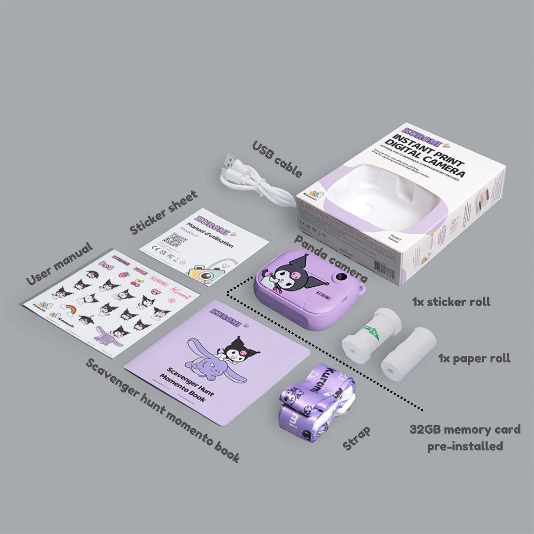 The image shows a Panda Camera with its accessories, including a sticker sheet, a manual, a USB cable, and a 32GB memory card. There is also a sticker roll and a paper roll included in the package. The camera is designed for digital photography and comes with a pre-installed strap.