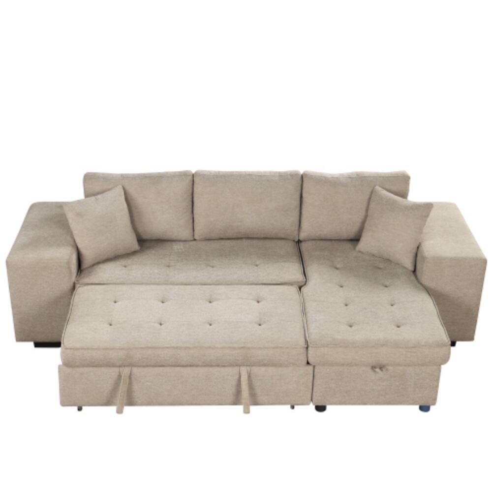 Alt View 6. LUCKY ONE - 104.5" L-Shape Reversible Pull-Out Sleeper Sectional Sofa with Storage Chaise & 2 Stools - Cream.
