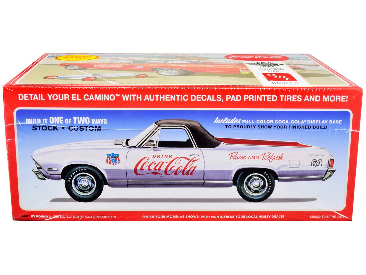 DETAIL YOUR EL CAMINO™ WITH AUTHENTIC DECALS, PAD PRINTED TIRES AND MORE!

BUILD IT ONE OF TWO WAYS
STOCK • CUSTOM

Includes FULL-COLOR COCA-COLA® DISPLAY BASE TO PROUDLY SHOW YOUR FINISHED BUILD

FINISH YOUR MODEL AS SHOWN WITH PAINTS FROM YOUR LOCAL HOBBY DEALER

AMT® BY ROUND 2 - SEE BOX BOTTOM FOR MORE INFORMATION

DESIGNED IN THE U.S.A.