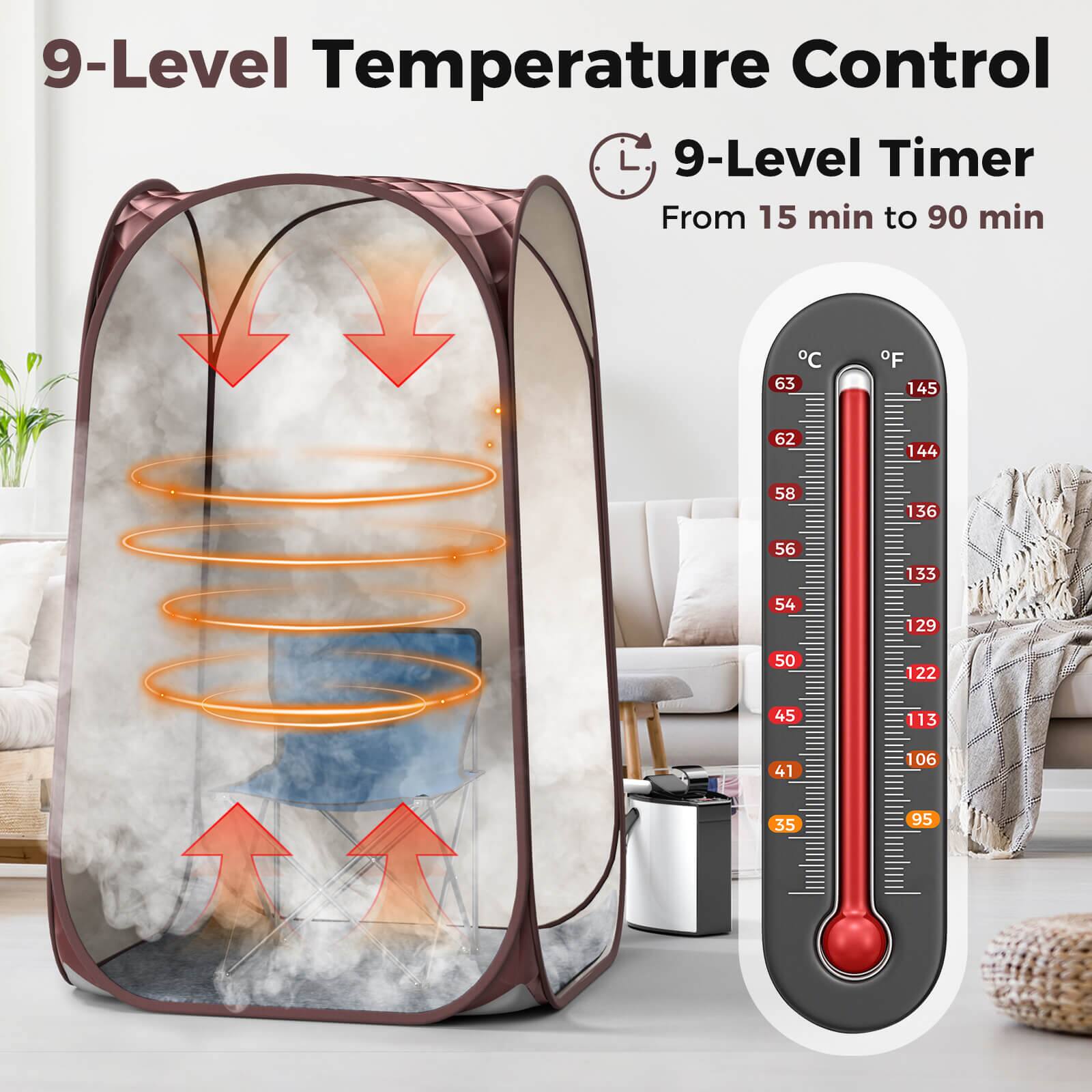The image features a 9-level temperature control device with a 9-level timer. The device can be used to control the temperature from 15 minutes to 90 minutes. The temperature range is displayed on the device, with the lowest temperature at 63 F and the highest temperature at 145 F. The device also has a red button, which can be used to set the timer. The image shows a couch in the background, suggesting that the device is in a living room setting.