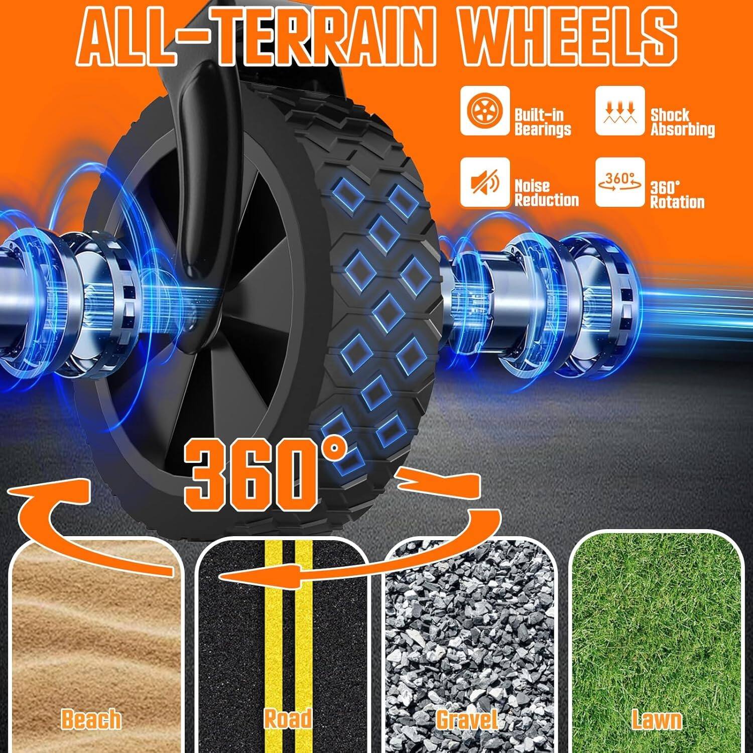 ALL-TERRAIN WHEELS

Built-in Bearings  
Shock Absorbing  
Noise Reduction  
360° Rotation  

360°  

Beach  
Road  
Gravel  
Lawn